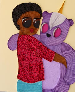 "Peluche VI" - Obra de arte figurativa en técnica mixta con una mujer y un oso morado