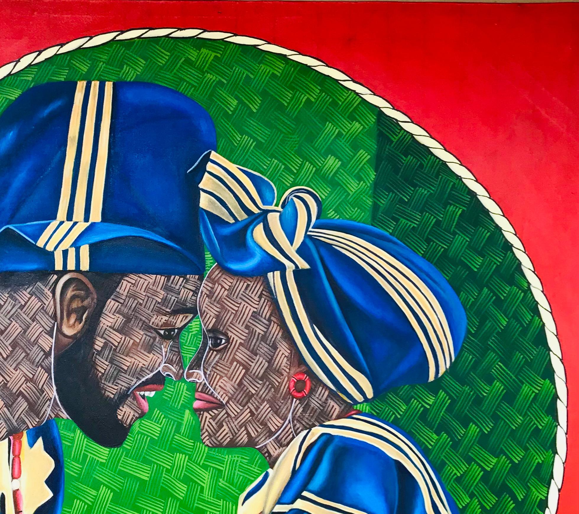 Il ferro affila il ferro -Contemporaneo, 21° secolo, Ritratto figurativo, Coppia d'amore - Portrait Painting Blu di Ayotunde Ayomide