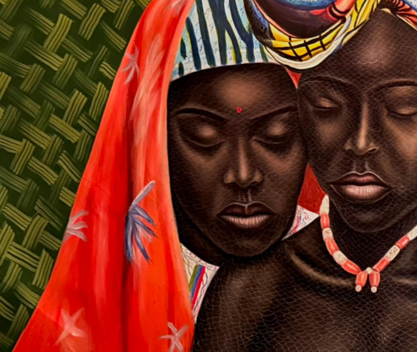 Triad - Contemporary, 21st Century, Figurative Portrait, Women Love, Mixed Media - Contemporain Painting par Ayotunde Ayomide
