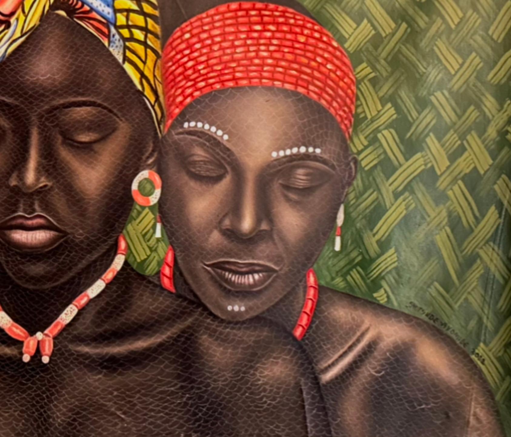 Triad - Contemporary, 21st Century, Figurative Portrait, Women Love, Mixed Media - Marron Figurative Painting par Ayotunde Ayomide