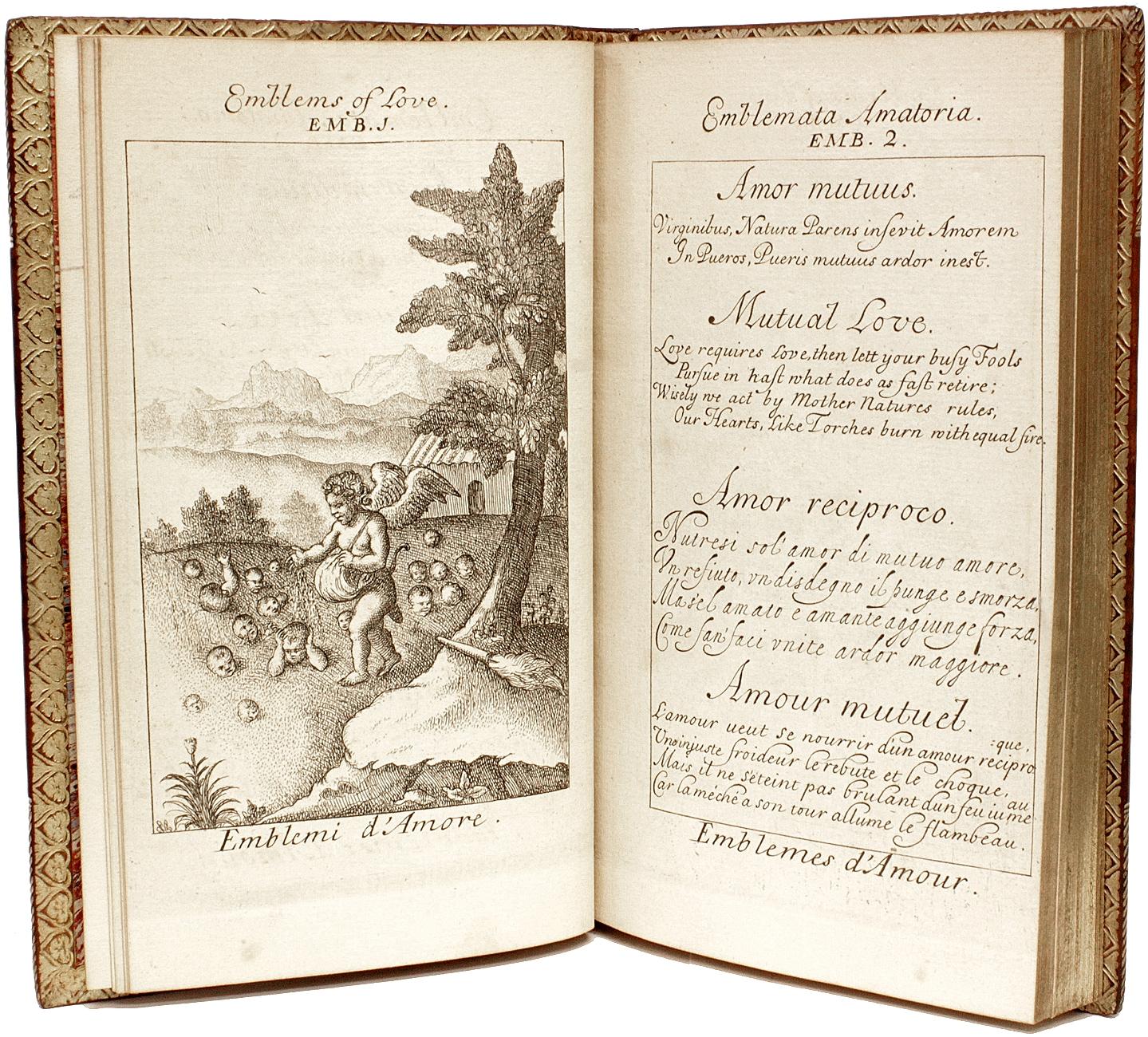 Milieu du XVIIIe siècle Ayres, Philip, Emblems of Love, 1750, dans une belle reliure en cuir pleine fleur en vente