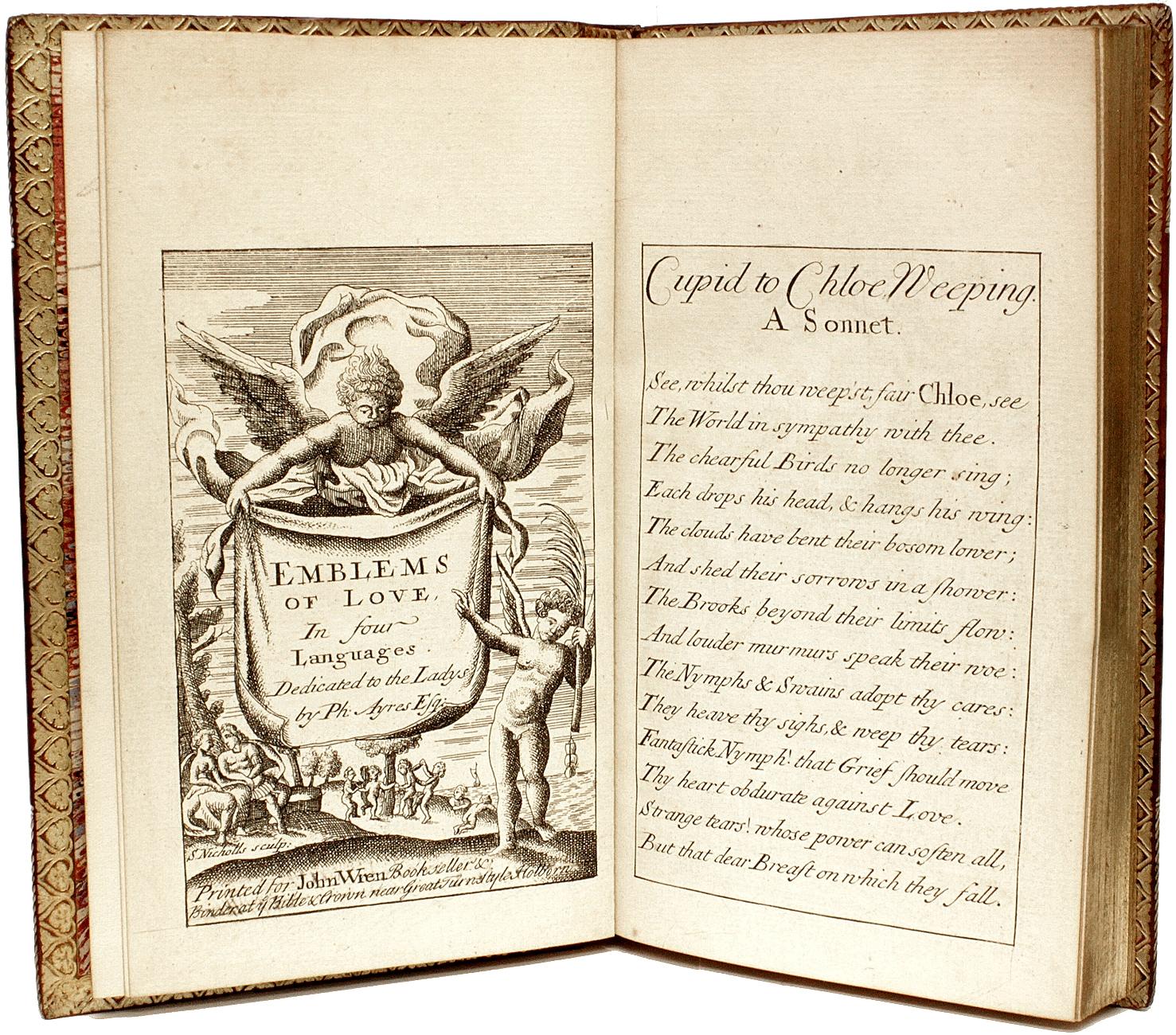Cuir Ayres, Philip, Emblems of Love, 1750, dans une belle reliure en cuir pleine fleur en vente
