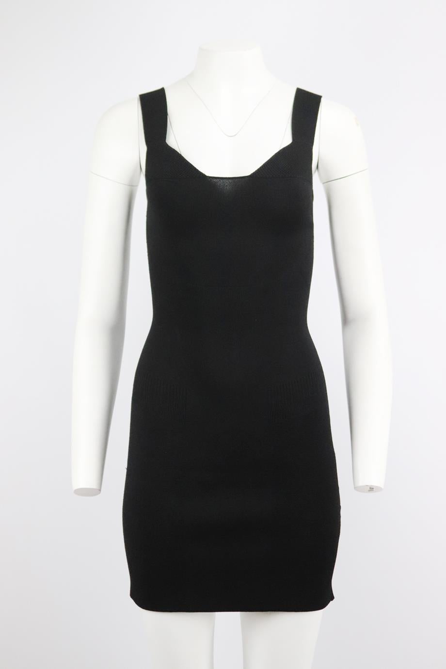 AZ Factory stretch knit mini dress. Black. Sleeveless, v-neck. Zip fastening at back. 67% Viscose, 16% polyamide, 14% polyester, 3% lycra. Size: Small (UK 8, US 4, FR 36, IT 40). Bust: 25 in. Waist: 21 in. Hips: 31 in. Length: 32 in. Very good