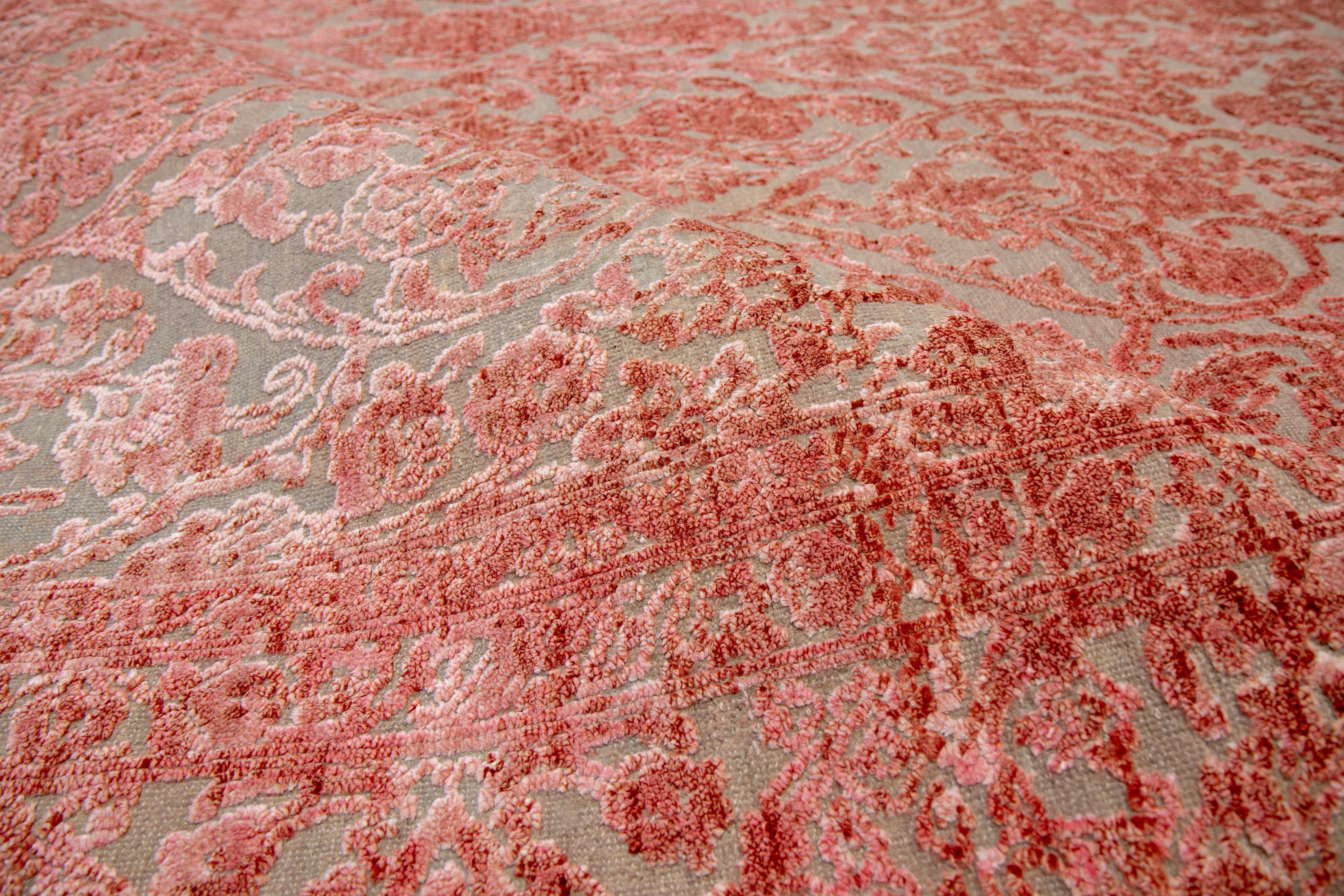 Nepalese Persian wool and silk rug - Azadeh Rose Madder, Edition Bougainville For Sale