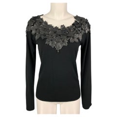 AZADEH Size S Black Rayon Lycra Leather Floral Applique Off-Shoulder Casual Top