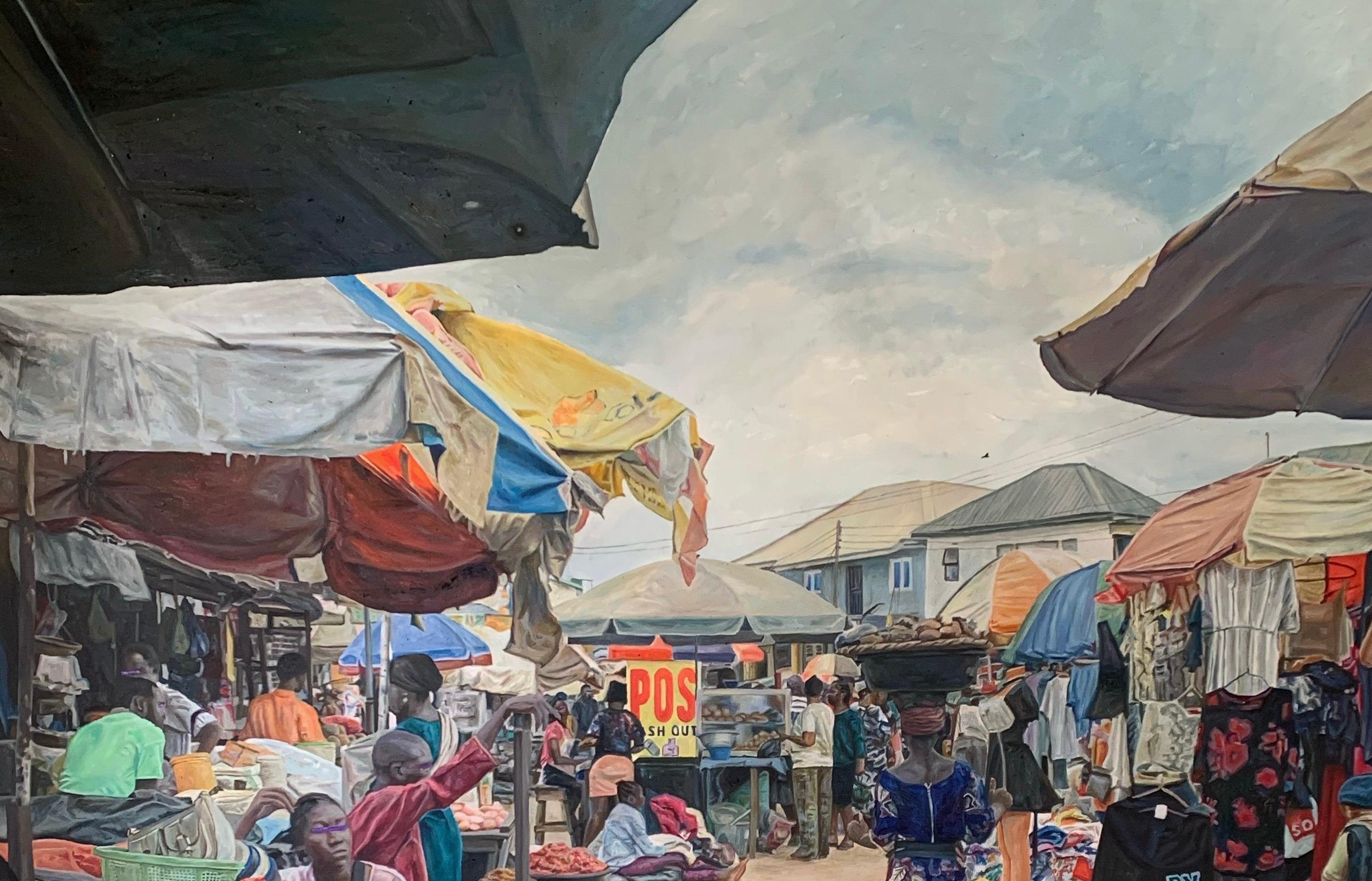Mowe Market 2 -21st Century, Contemporary, Figurative, Marketplace, Vegetables - Painting by Azeez Muritadoh