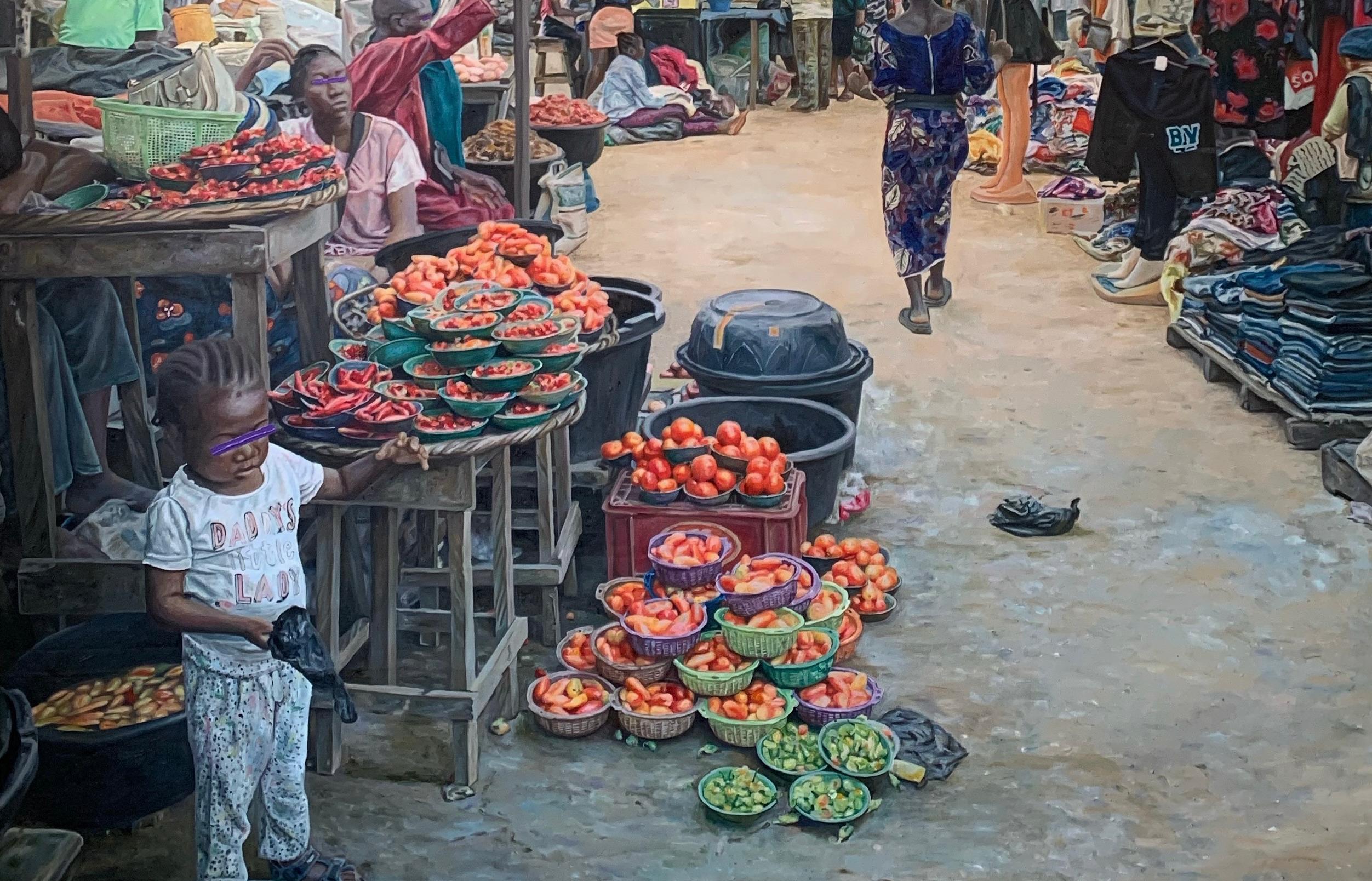 Mowe Market 2 -21st Century, Contemporary, Figurative, Marketplace, Vegetables - Gray Landscape Painting by Azeez Muritadoh