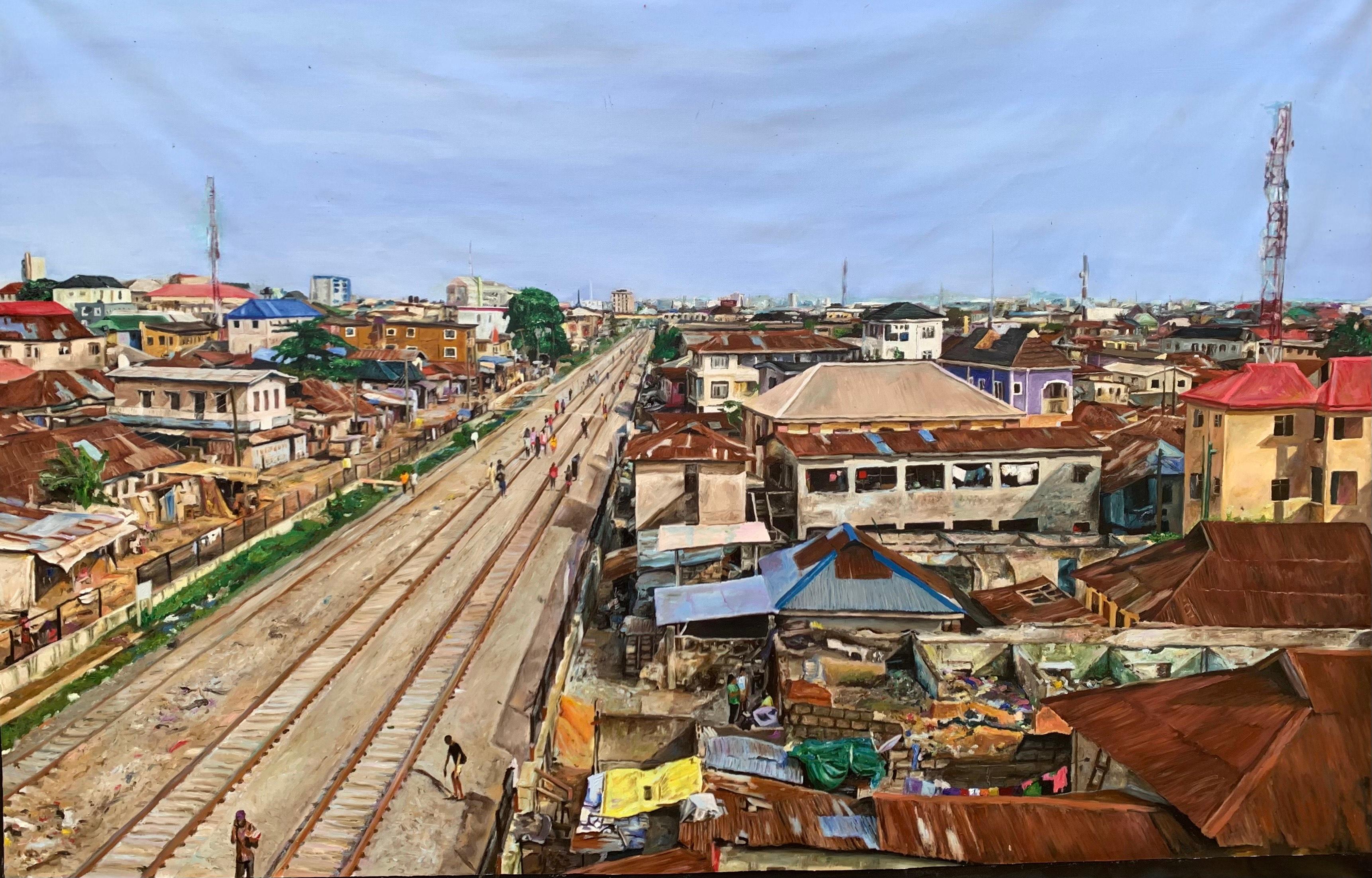 Ojurin Fadeyi (Yaba) -21° secolo, Contemporaneo, Figurativo, Africa Street View - Painting di Azeez Muritadoh