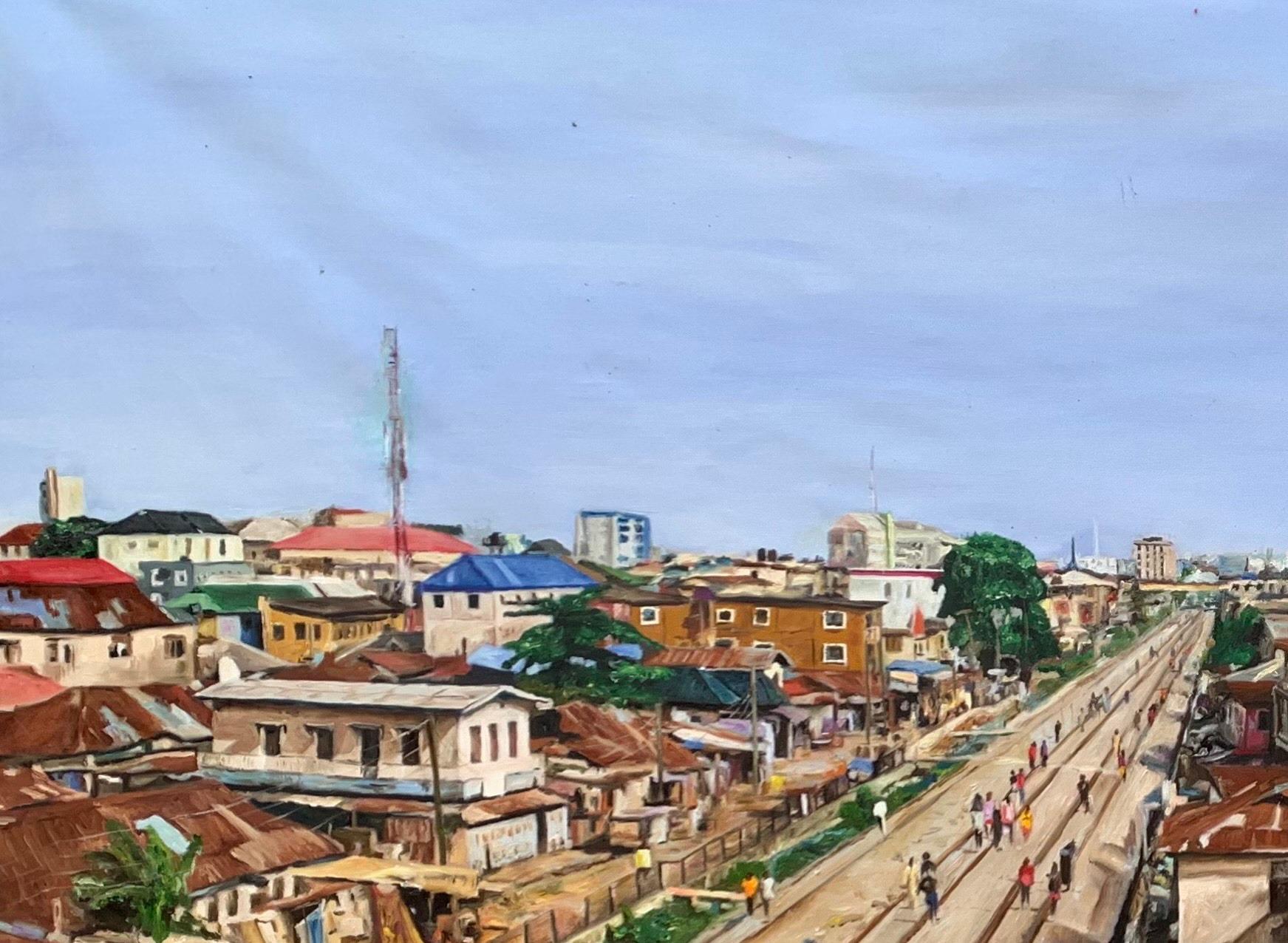 Ojurin Fadeyi (Yaba) -21° secolo, Contemporaneo, Figurativo, Africa Street View - Landscape Painting Grigio di Azeez Muritadoh