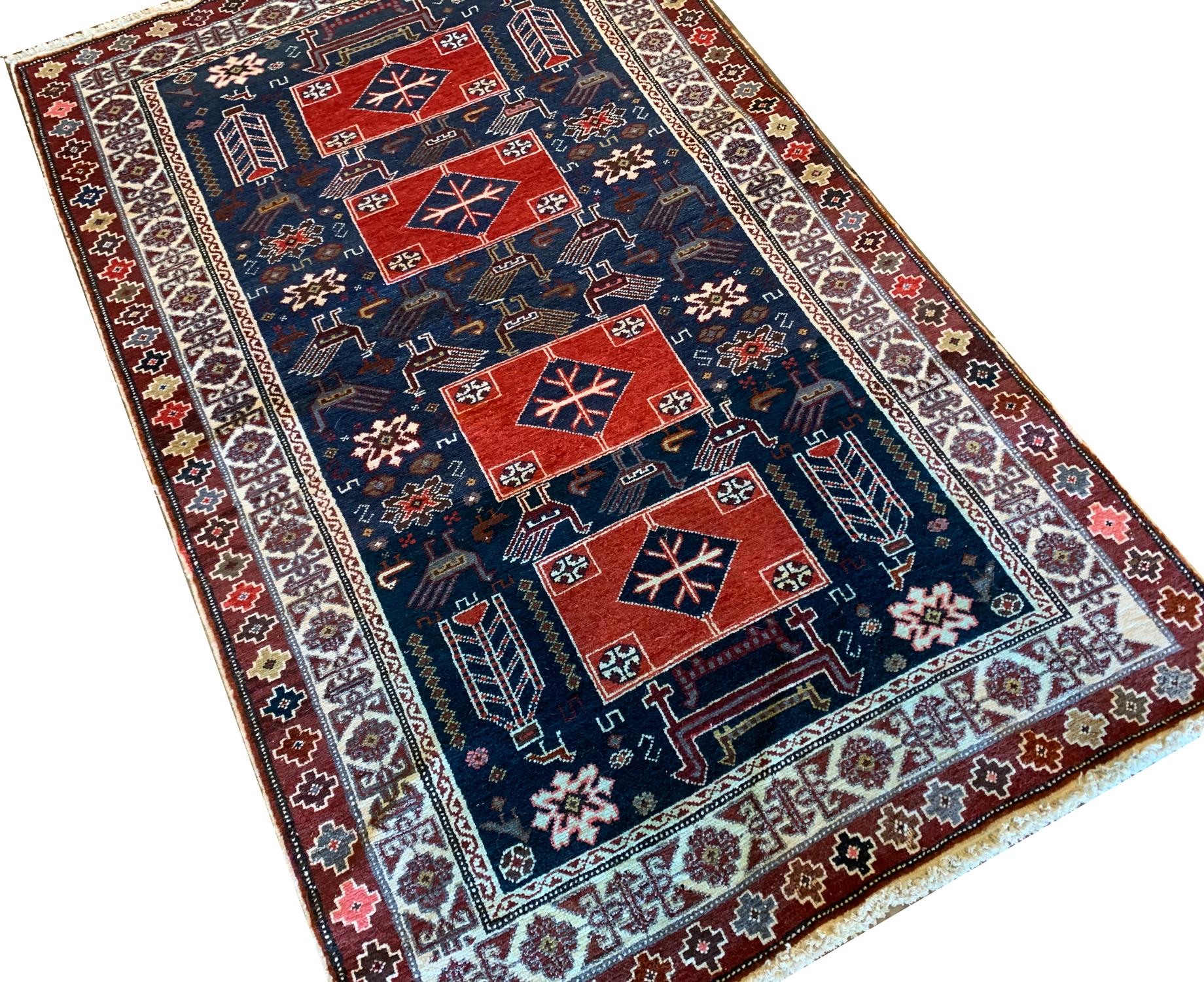 Mid-Century Modern Azerbaijan Rug Antique Wool Blue Red Carpet Handmade For Sale