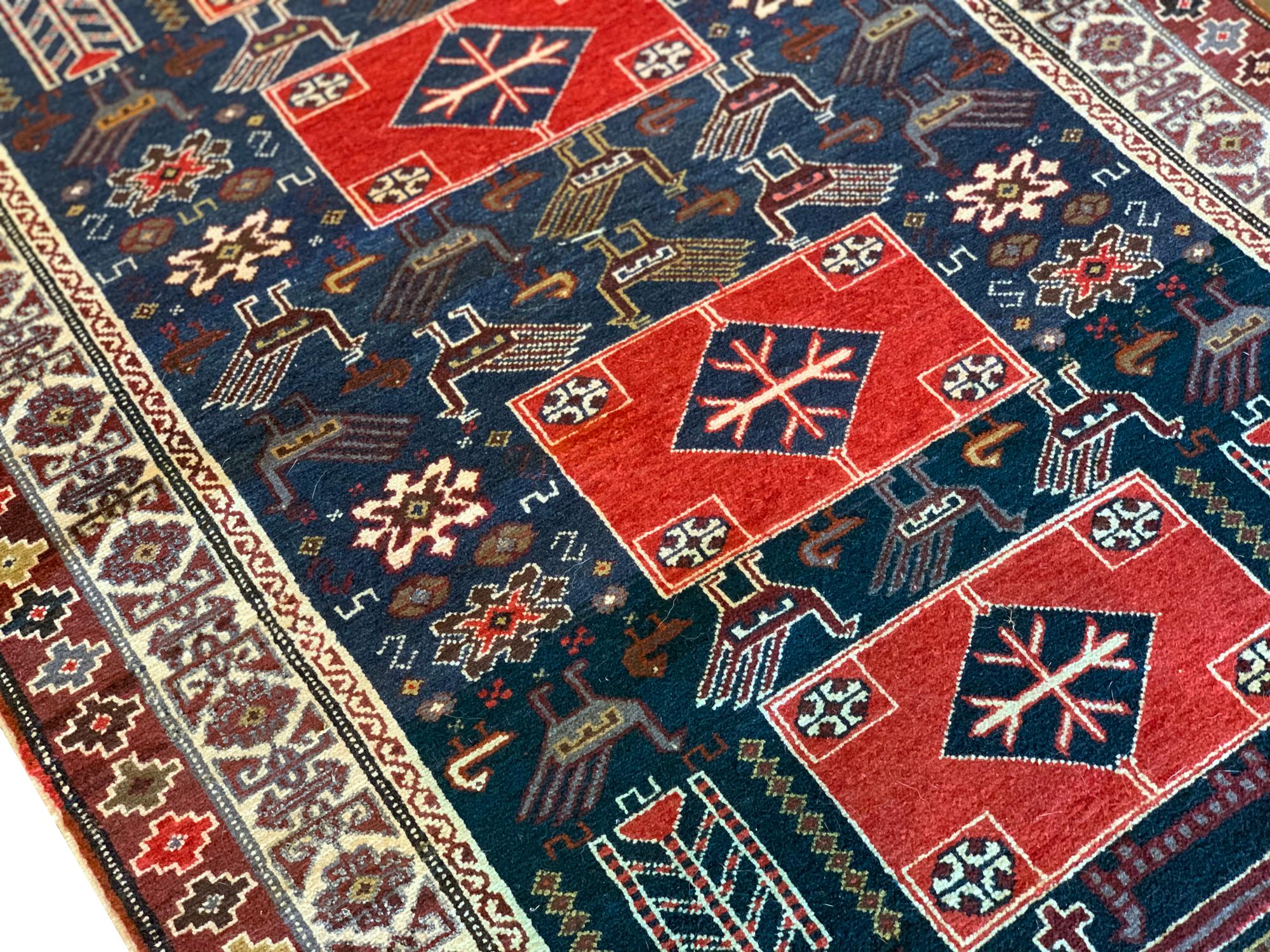 Azerbaijani Azerbaijan Rug Antique Wool Blue Red Carpet Handmade For Sale