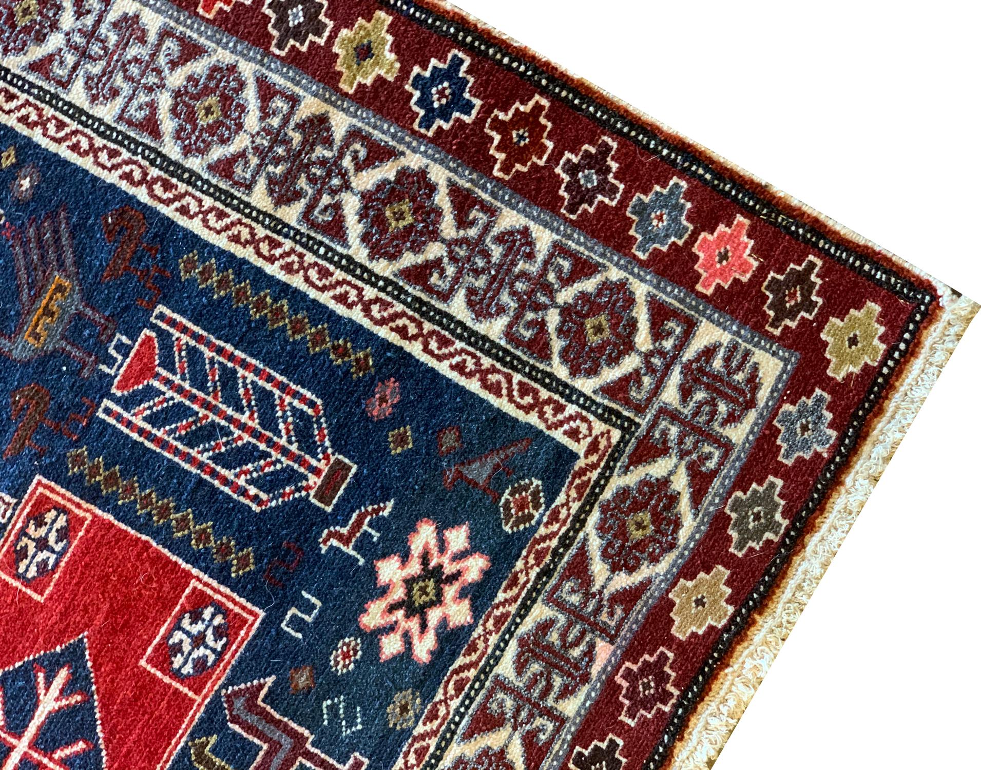 Azerbaijan Rug Antique Wool Blue Red Carpet Handmade In Excellent Condition For Sale In Hampshire, GB