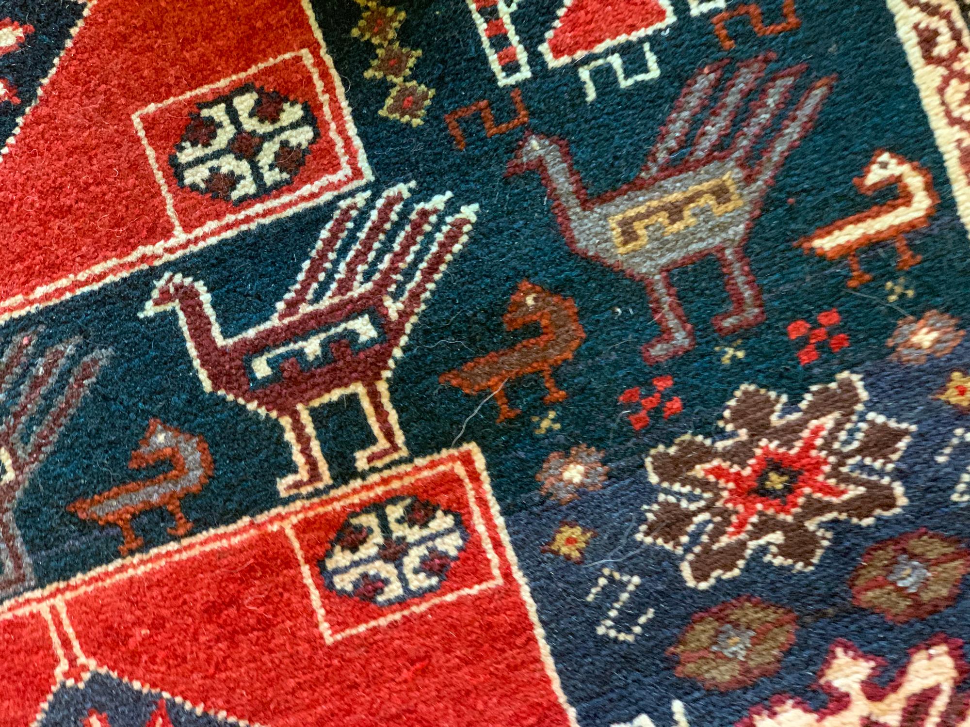 Azerbaijan Rug Antique Wool Blue Red Carpet Handmade For Sale 1