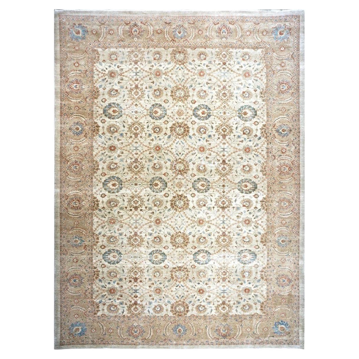 Azerbaijani Tabriz Haji Jalili Wool & Silk 12X16 Ivory and Tan Handmade Area Rug