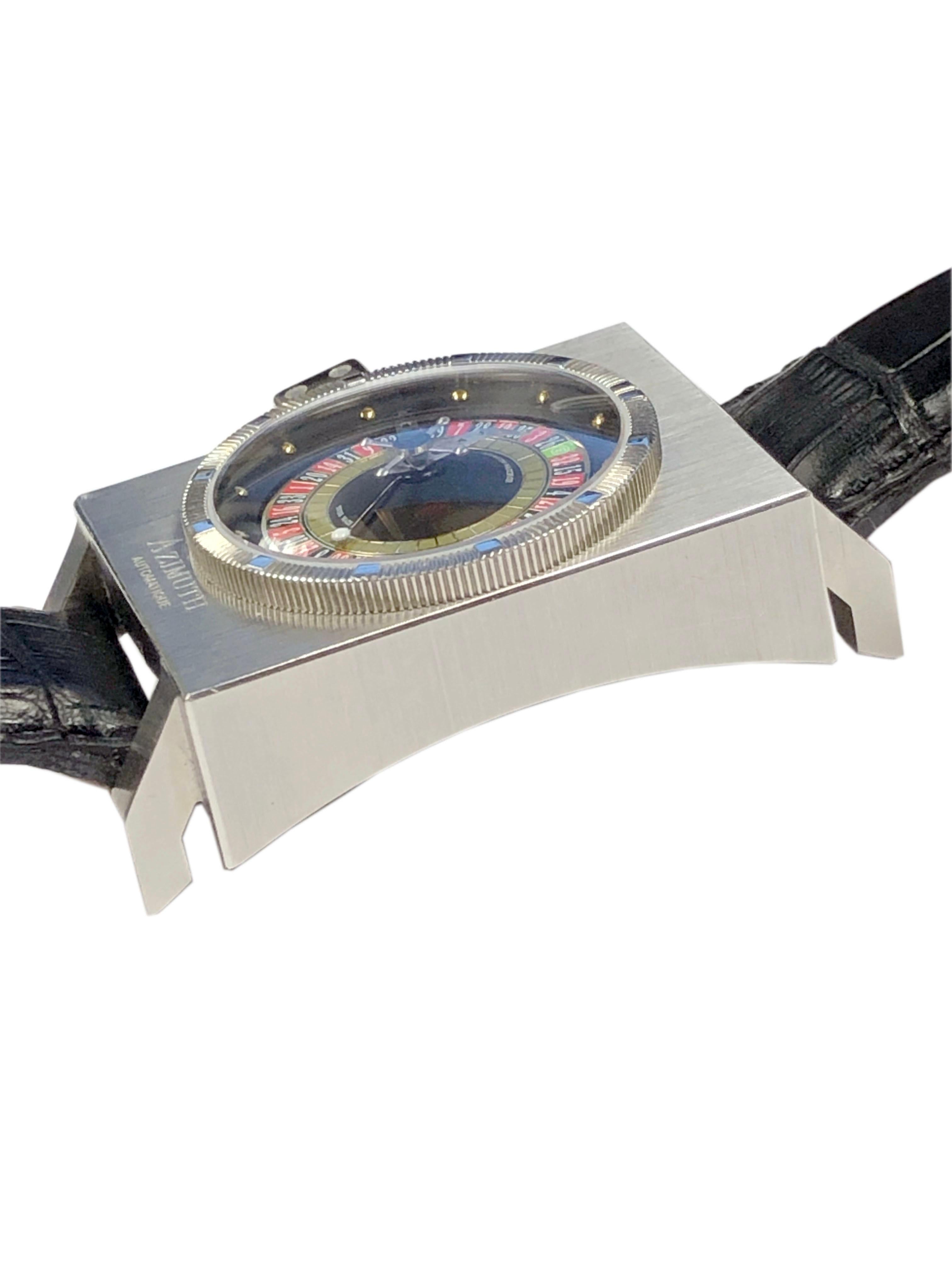 Circa 2010 Azimuth SP 1  King Casino Roulette Wrist Watch, 56 X 35 X 12 M.M Stainless Steel Water resistant case, Automatic, Self Winding movement, Sapphire Glass crystal and unique working Roulette Wheel, spinning center element and unique Dice