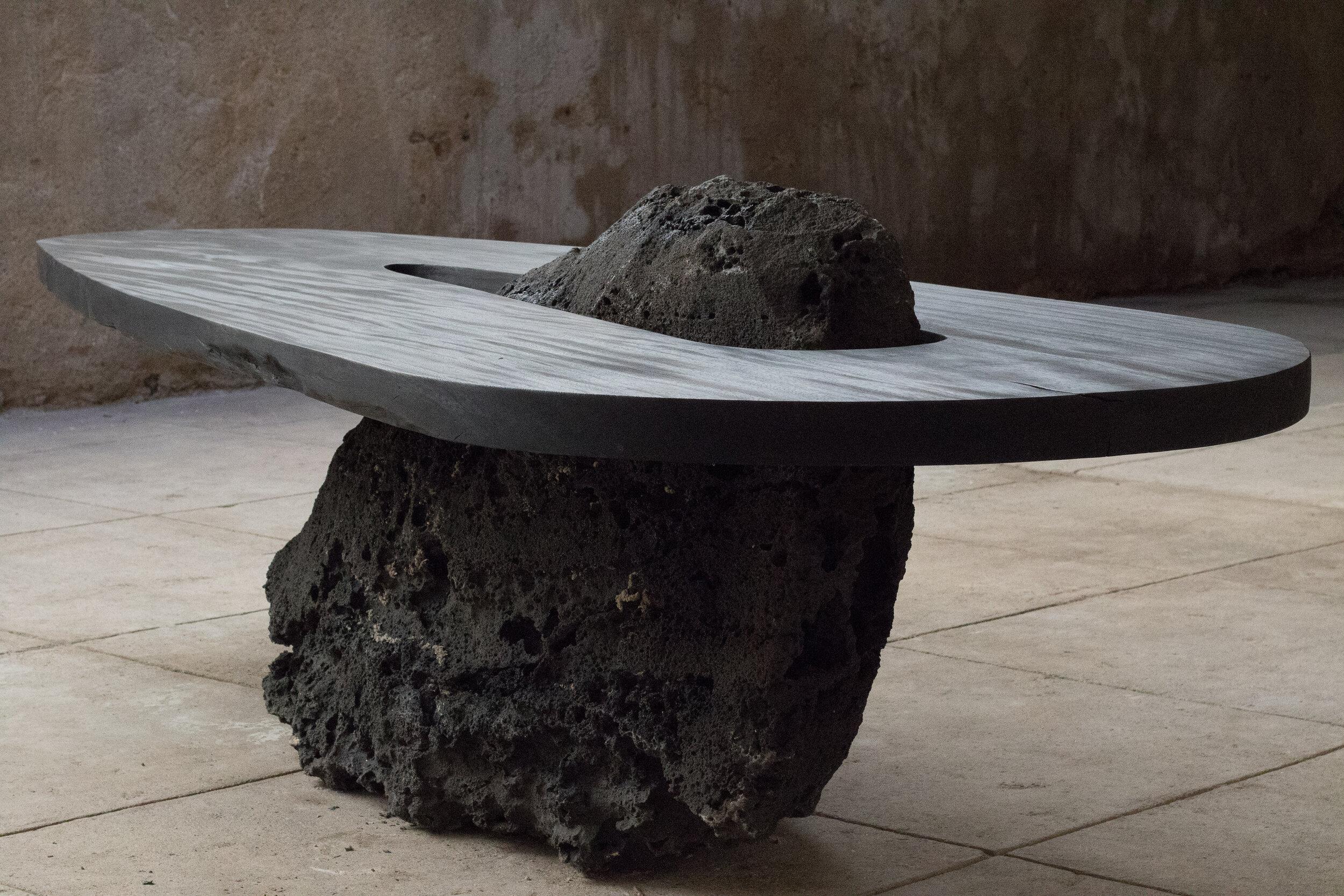 Hand-Crafted Azores Volcanic Stone & Burned Zazange Wood Pico Dining table by Mircea Anghel For Sale