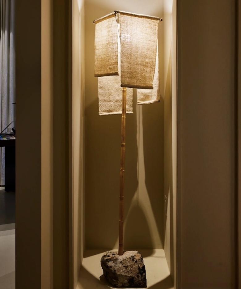 Stone Azru Floor Lamp, Handspun, Handwoven Lampshade, Made of Local Rock & Reed For Sale