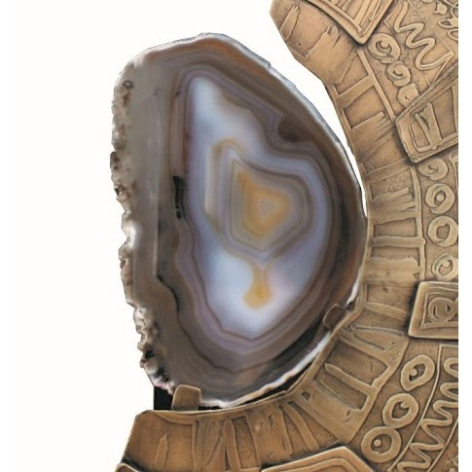 Aztec Agate Stone Stand by Brutalist Be
One Of A Kind
Dimensions: D 22 x W 23 x H 45 cm.
Materials: Brass and agate stone.

Brass acid etched black patinated, hand drawn decorative art on the brass combined with semi precious agate stone slice.

All