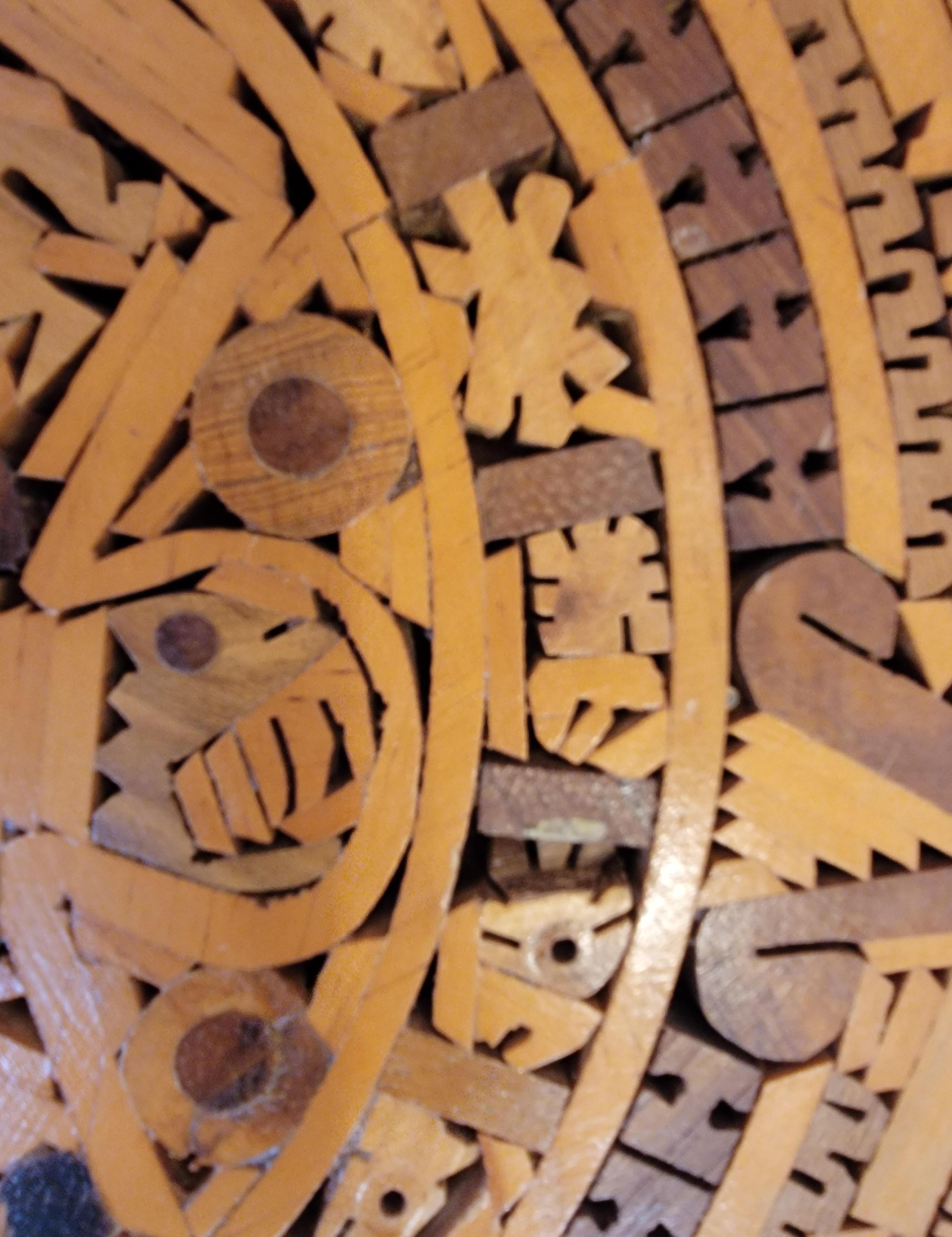 Hand-Crafted Aztec Calendar Wood Marquetry