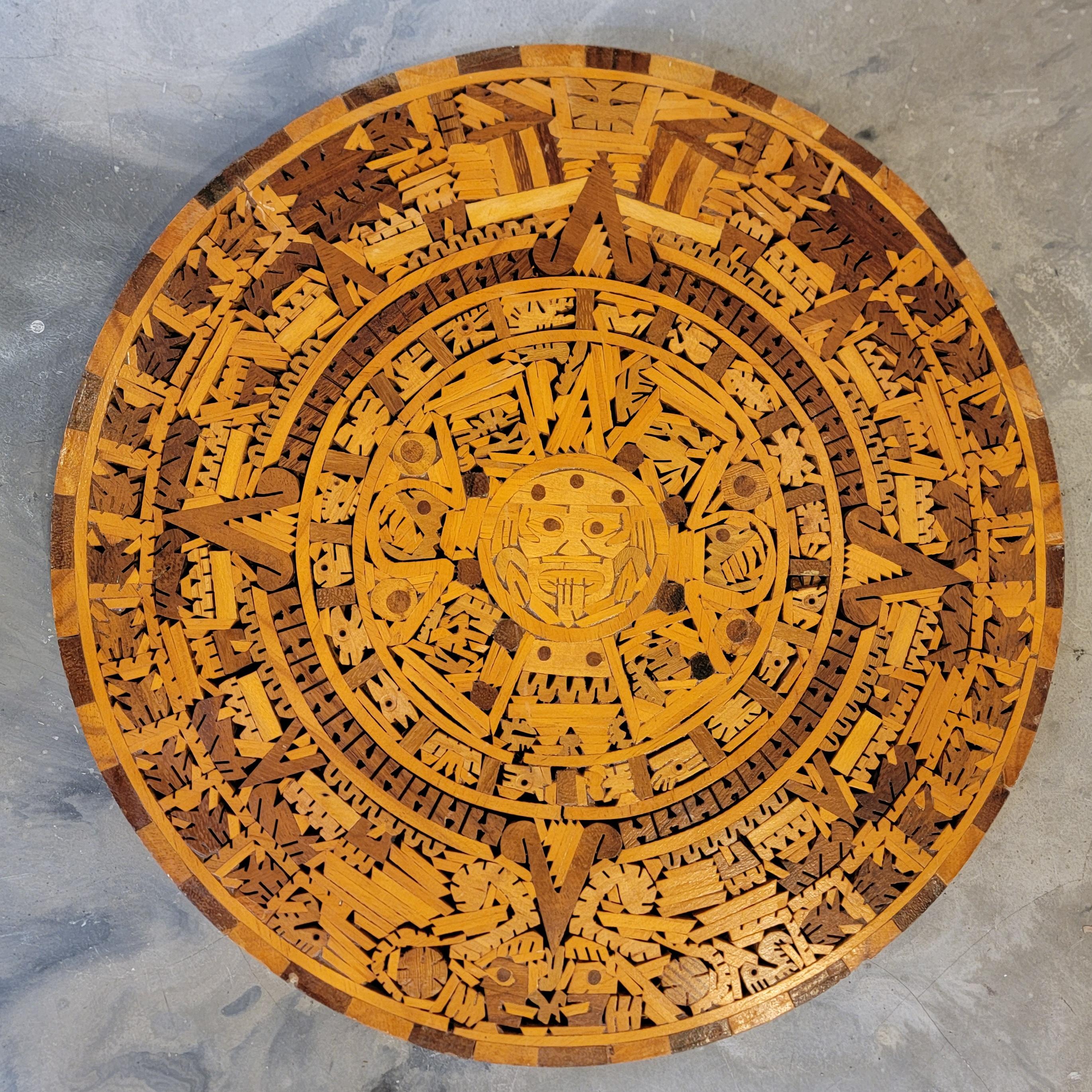 Aztec Calendar Wood Marquetry In Good Condition In Fulton, CA