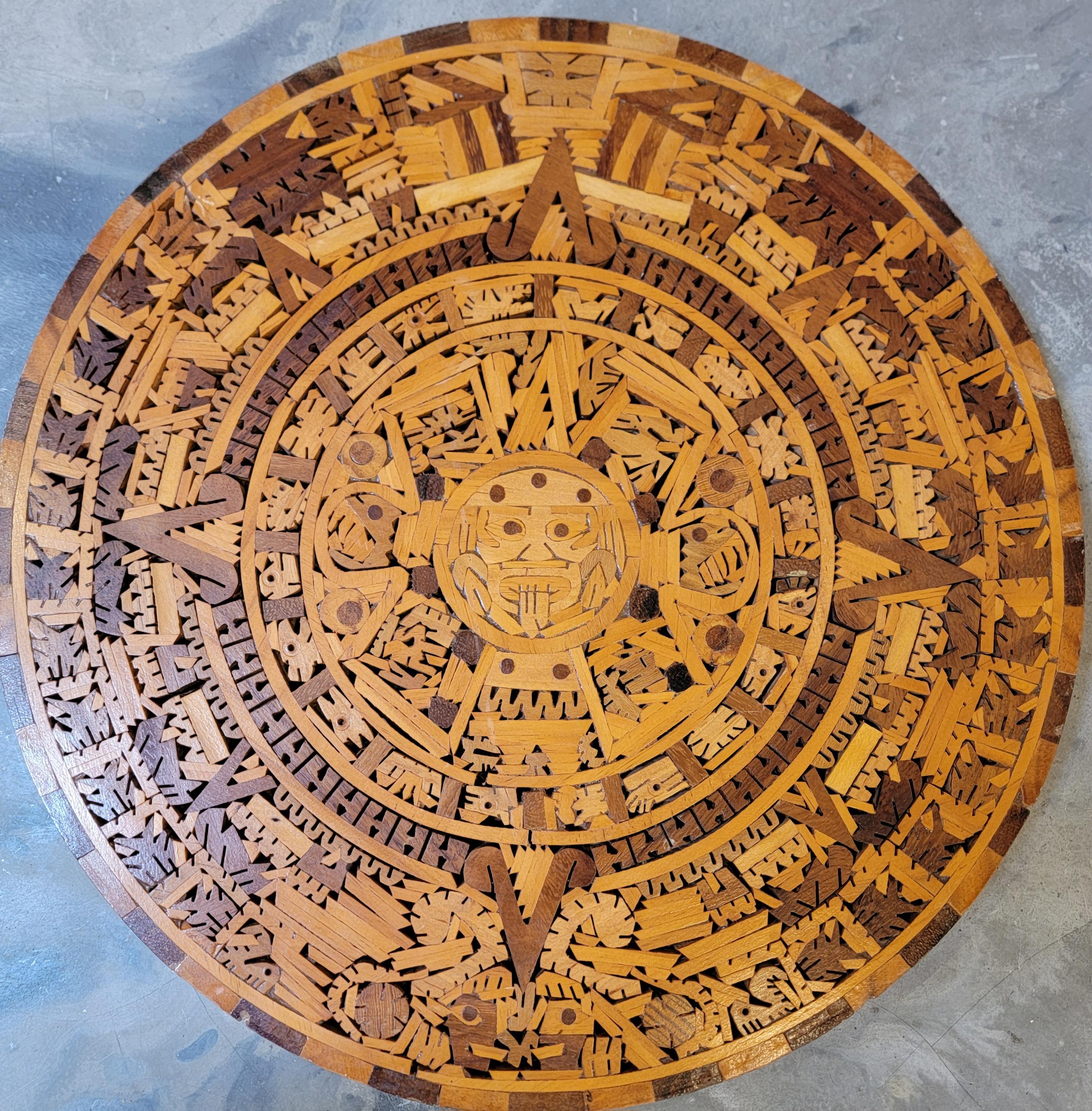 20th Century Aztec Calendar Wood Marquetry