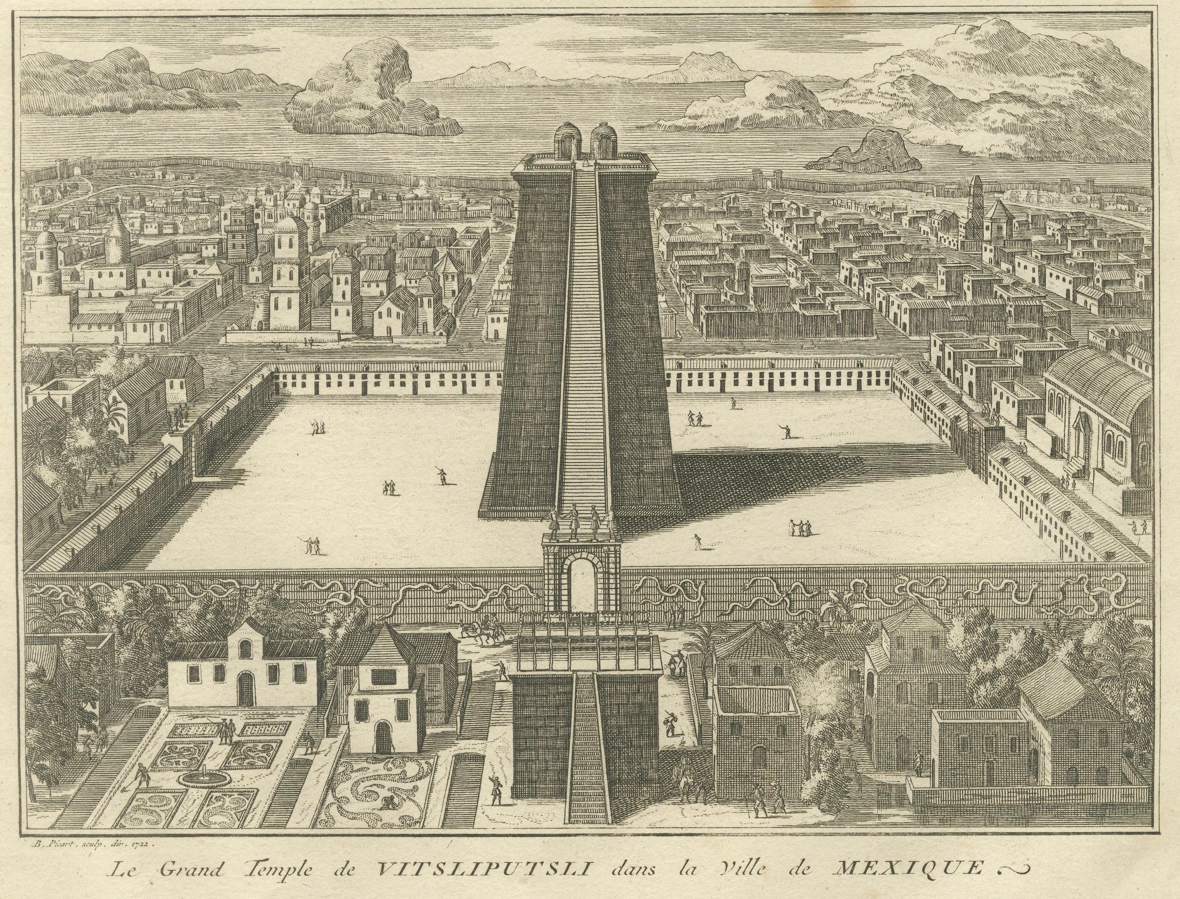 Cautivos aztecas y el Gran Templo de Huitzilopochtli - Grabado de México de 1734 en venta 5