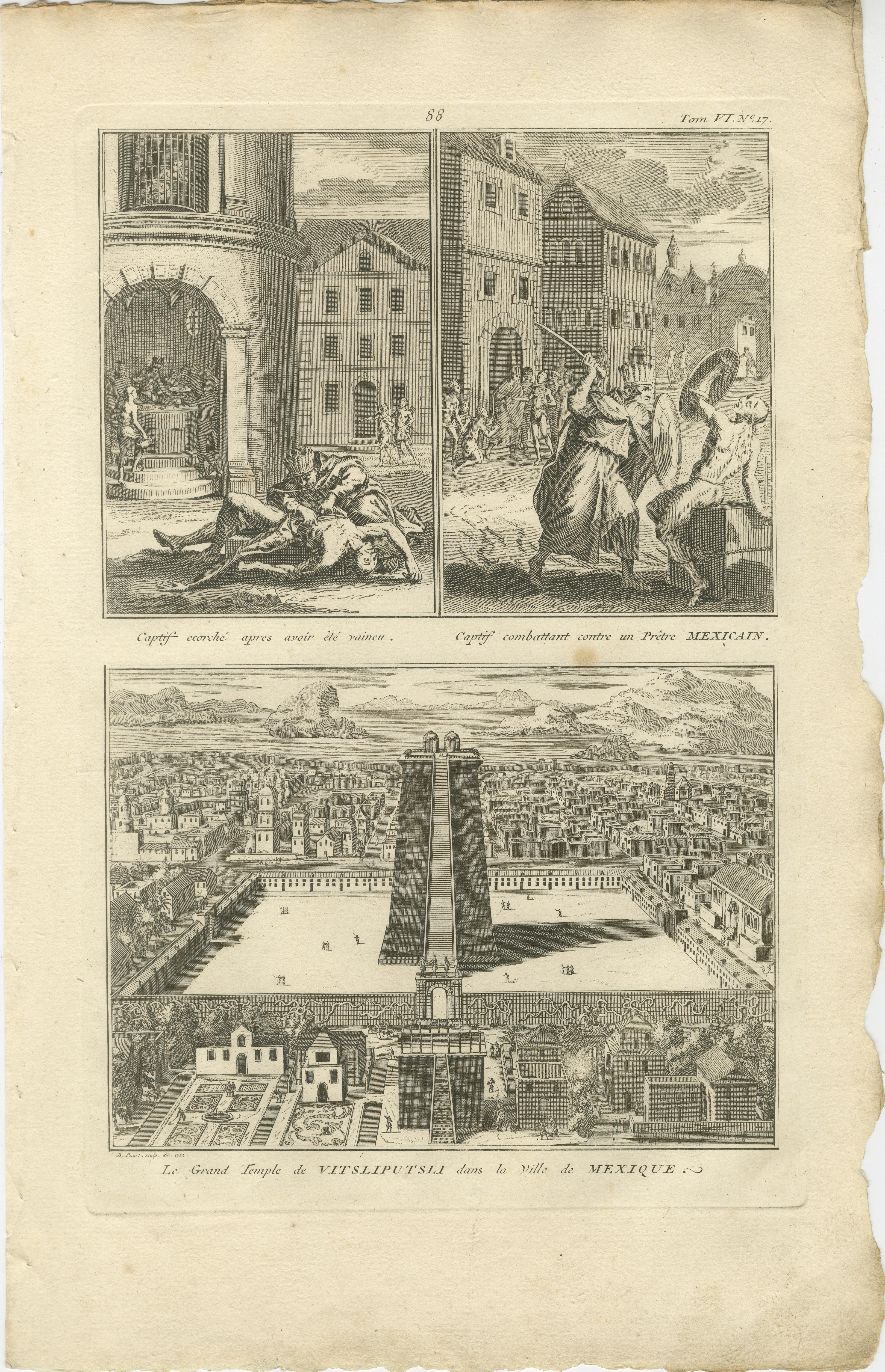 Cautivos aztecas y el Gran Templo de Huitzilopochtli - Grabado de México de 1734 en venta 6