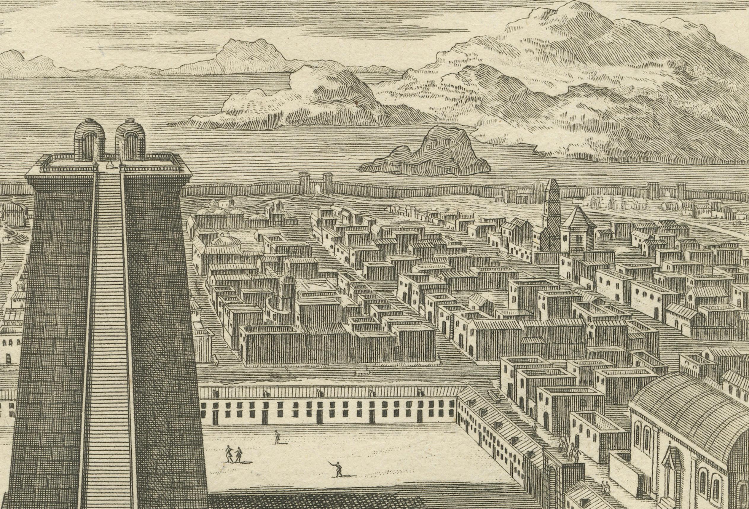 Cautivos aztecas y el Gran Templo de Huitzilopochtli - Grabado de México de 1734 en Bueno estado para la venta en Langweer, NL