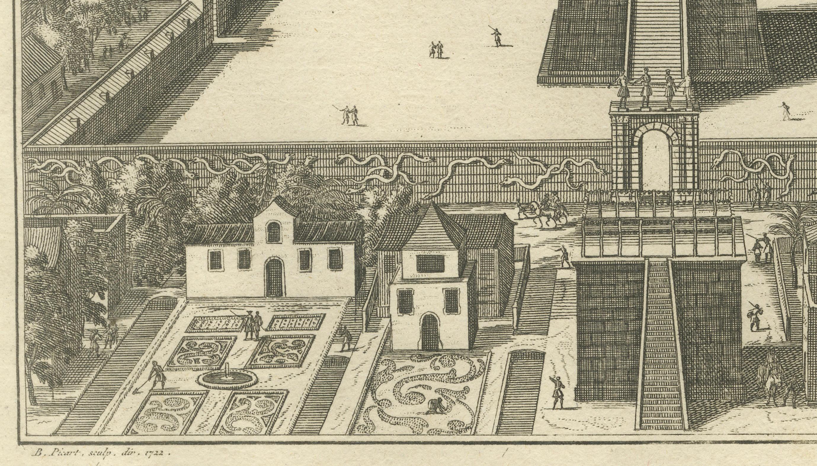Cautivos aztecas y el Gran Templo de Huitzilopochtli - Grabado de México de 1734 mediados del siglo XVIII en venta