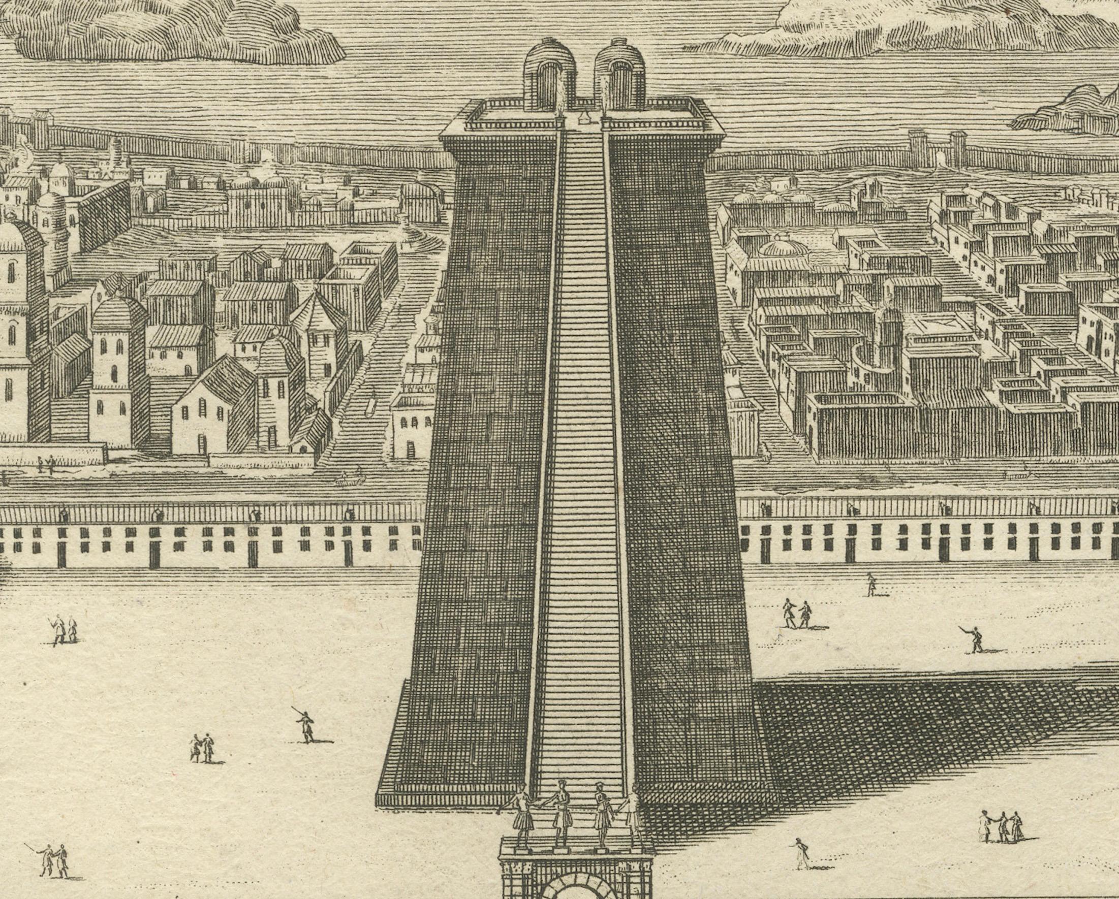 Cautivos aztecas y el Gran Templo de Huitzilopochtli - Grabado de México de 1734 Papel en venta
