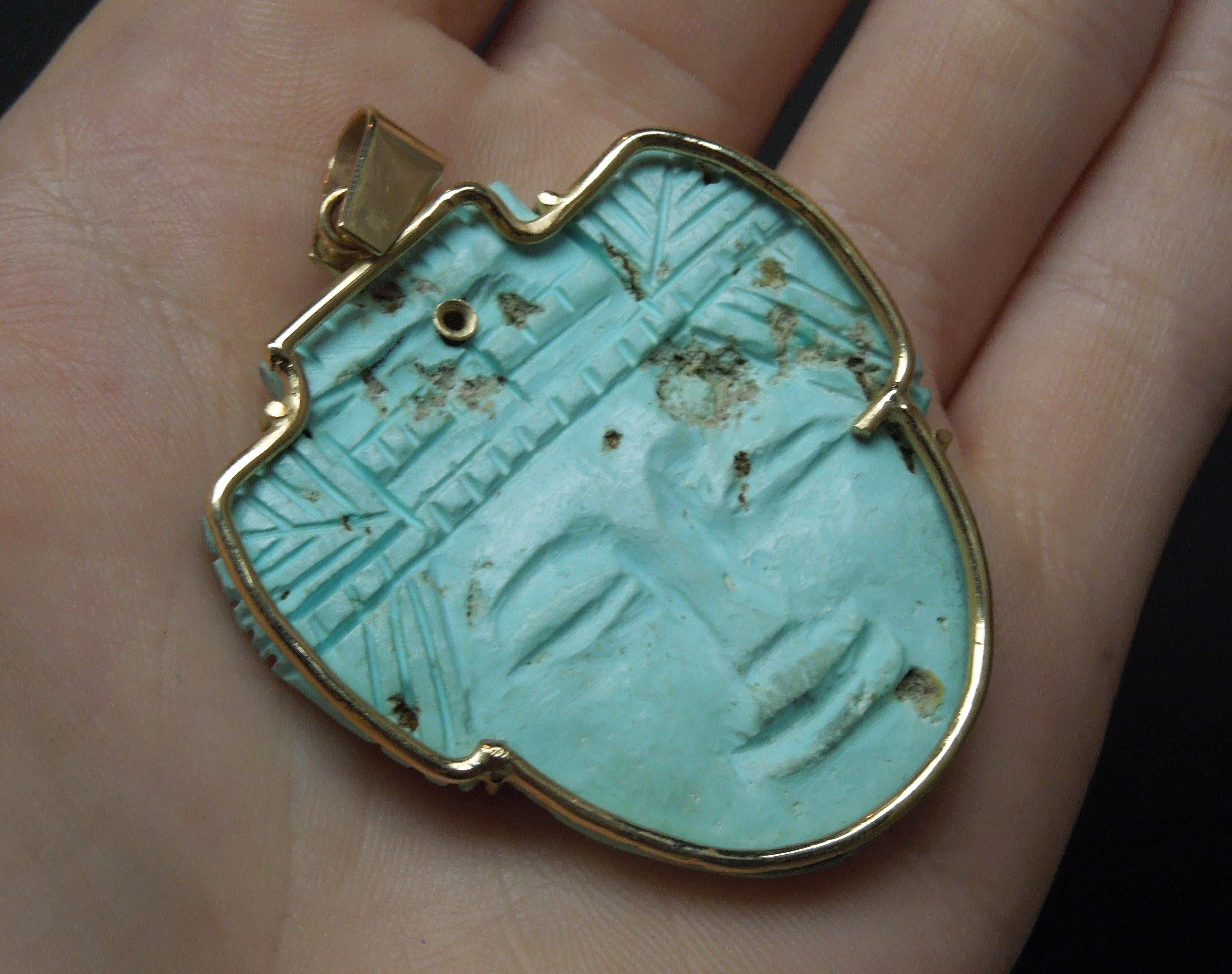 Uncut Aztec Carved Turquoise Amulet Pendant