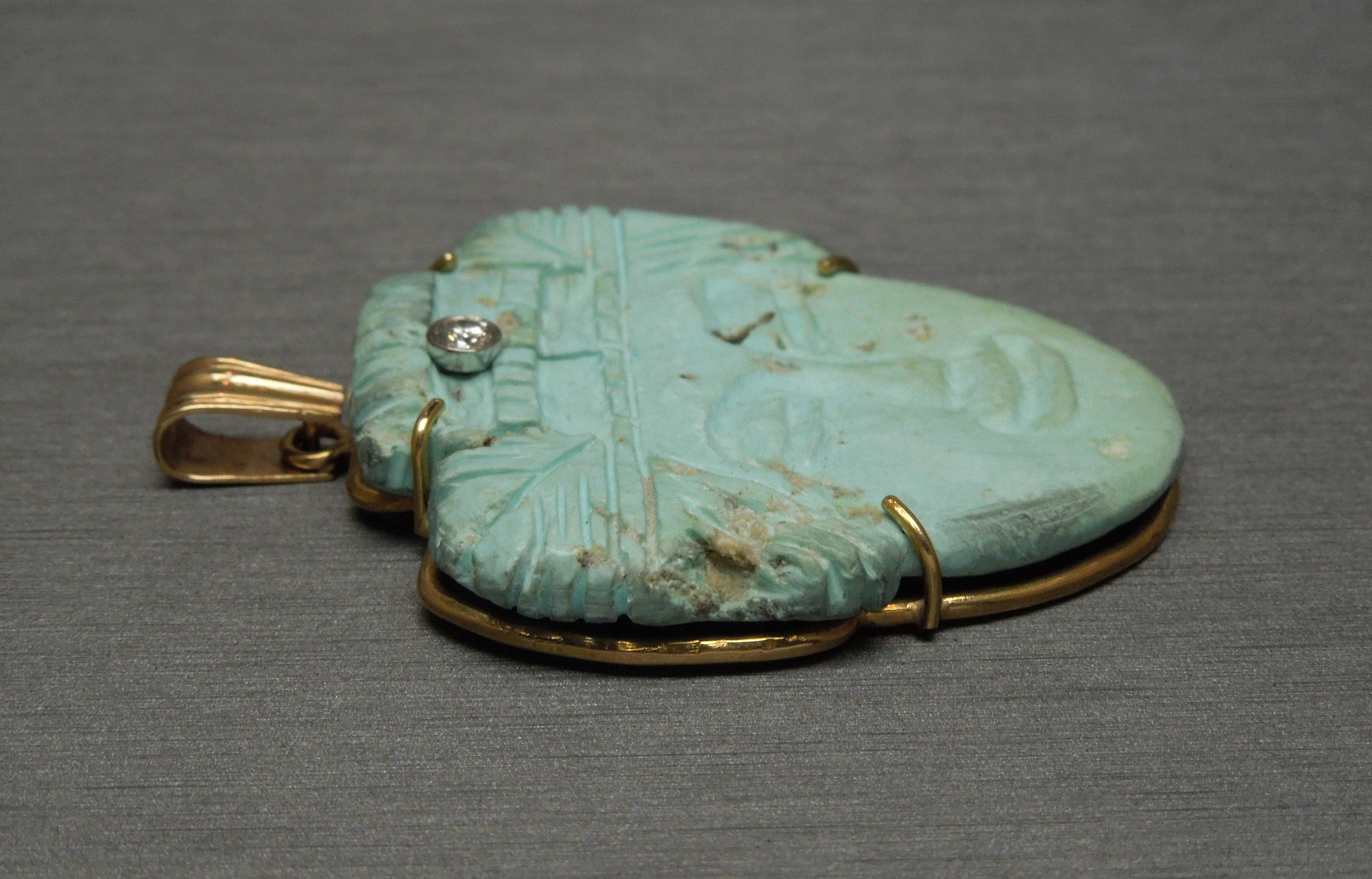 Aztec Carved Turquoise Amulet Pendant In Good Condition In METAIRIE, LA