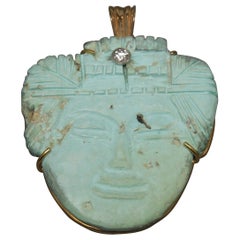 Vintage Aztec Carved Turquoise Amulet Pendant