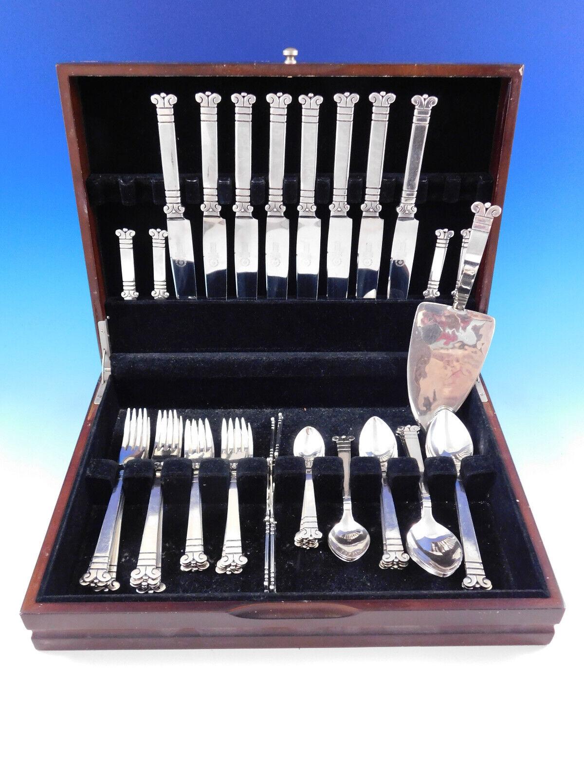 Bearing the hallmark of Pedro Castillo who opened his own workshop in 1940, after having worked for both William Spratling and Hector Aguilar.

Rare Aztec with column by Pedro Castillo Mexican sterling silver flatware set, 57 pieces. This set