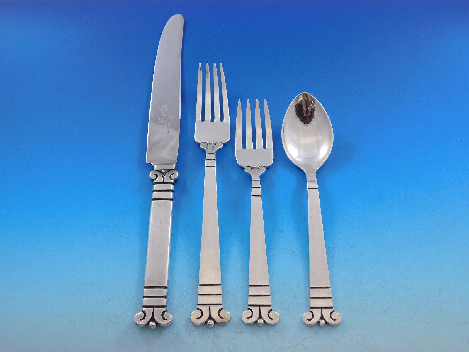 Aztec Column by Pedro Castillo Mexican Taxco Sterling Silver Flatware Set 57 pc In Excellent Condition In Big Bend, WI