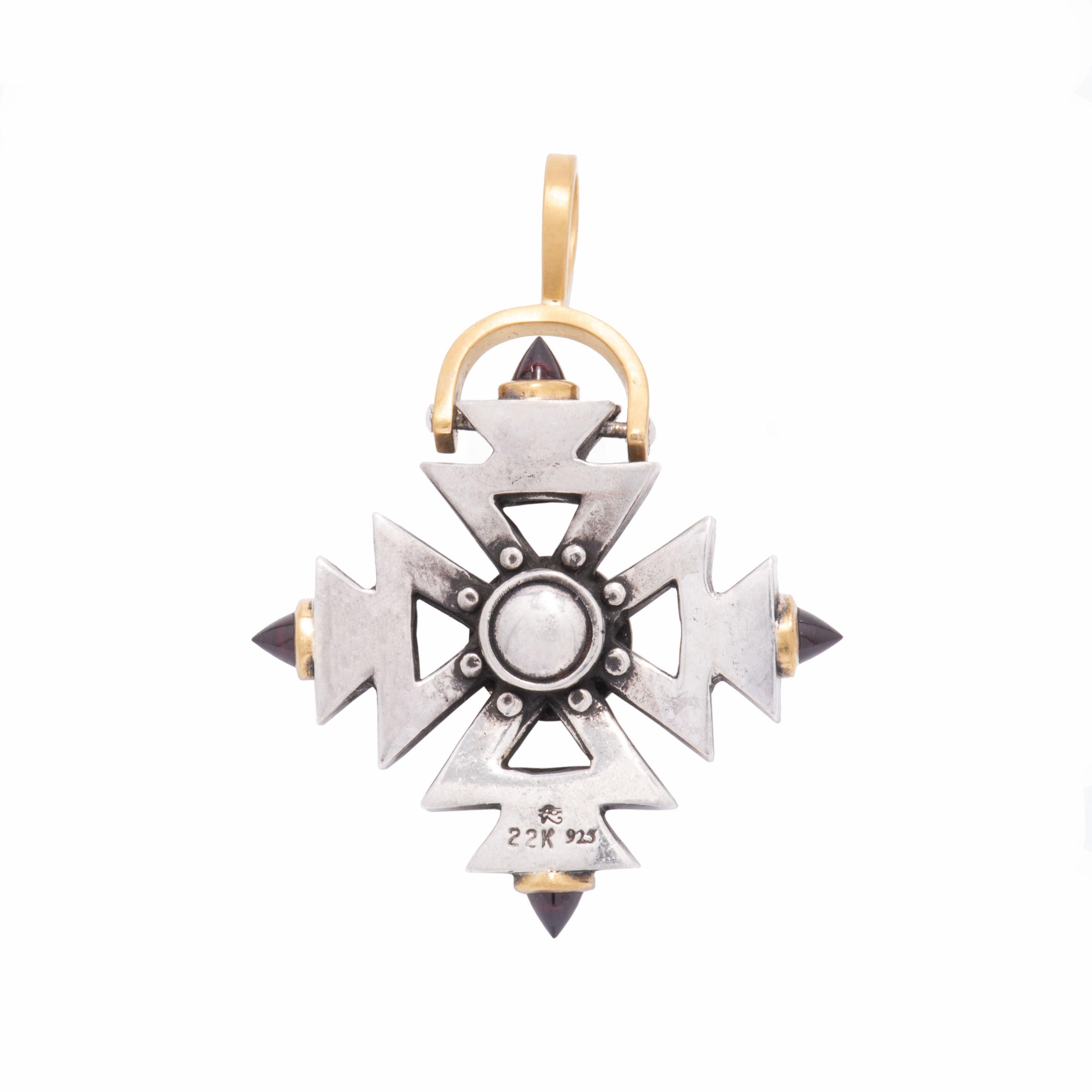 Women's or Men's Aztec Cross Pendant with Garnet Points in Sterling Silver and 22 Karat Gold