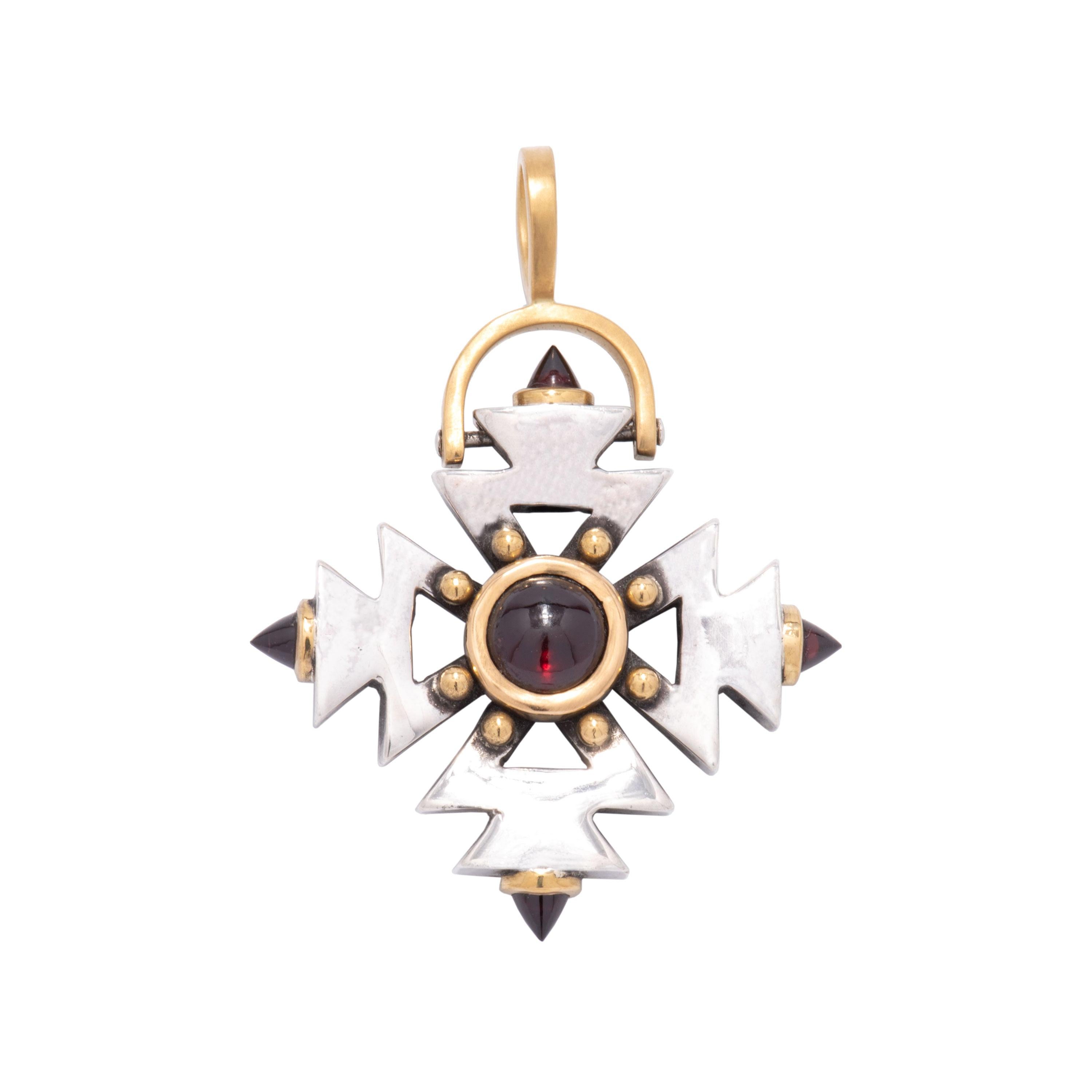 Aztec Cross Pendant with Garnet Points in Sterling Silver and 22 Karat Gold