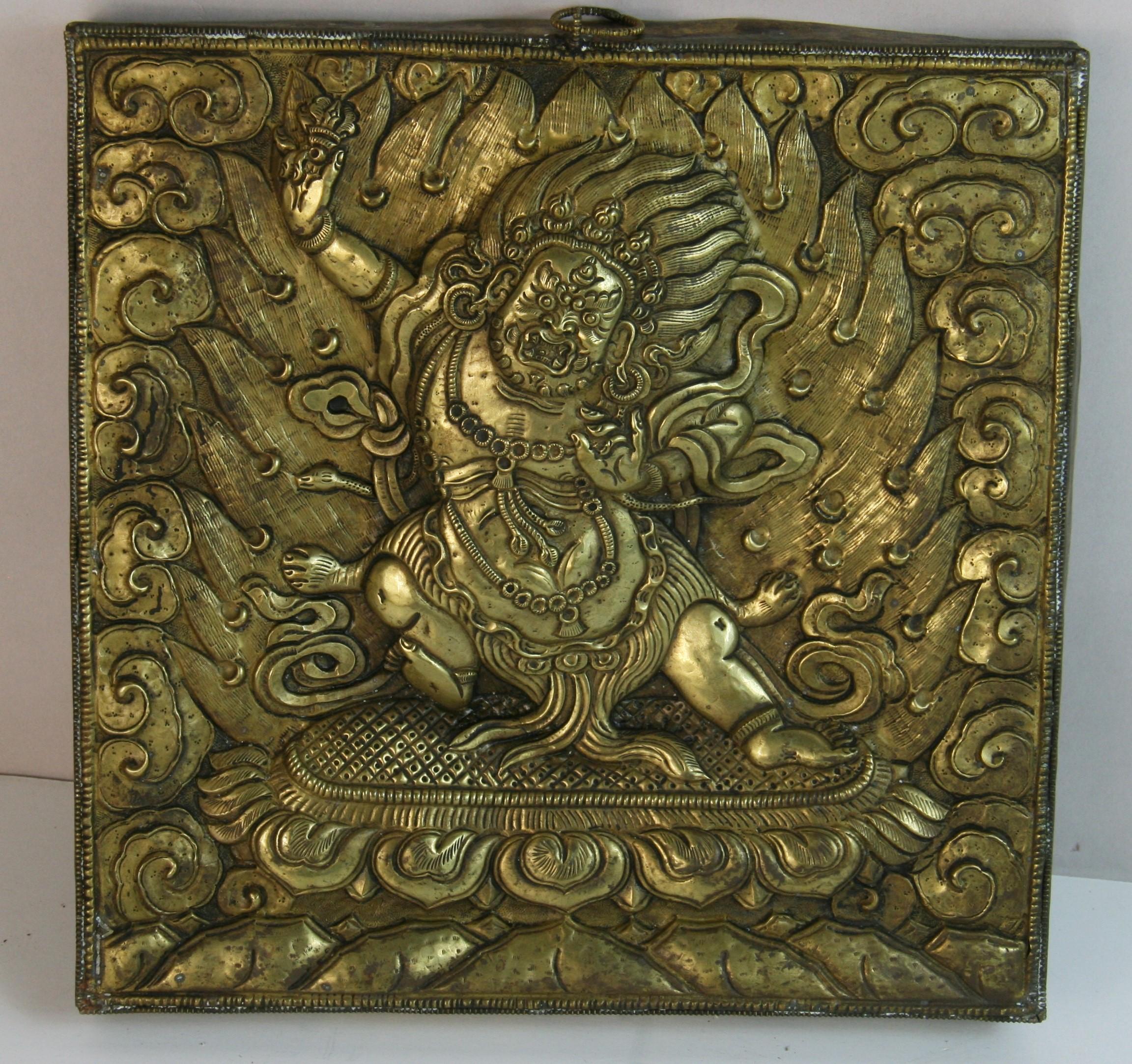 1696 Brass repouse wall sculpture of an Aztec Diety early 20th century