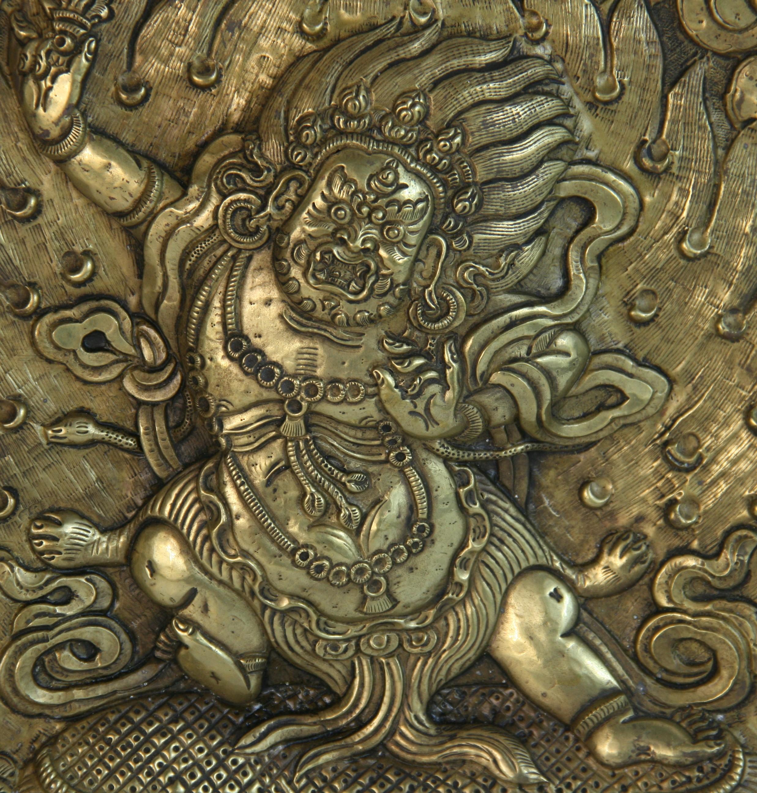 Hand-Crafted Aztec Diety Brass Repousse Wall Sculpture  Early 20th Century For Sale