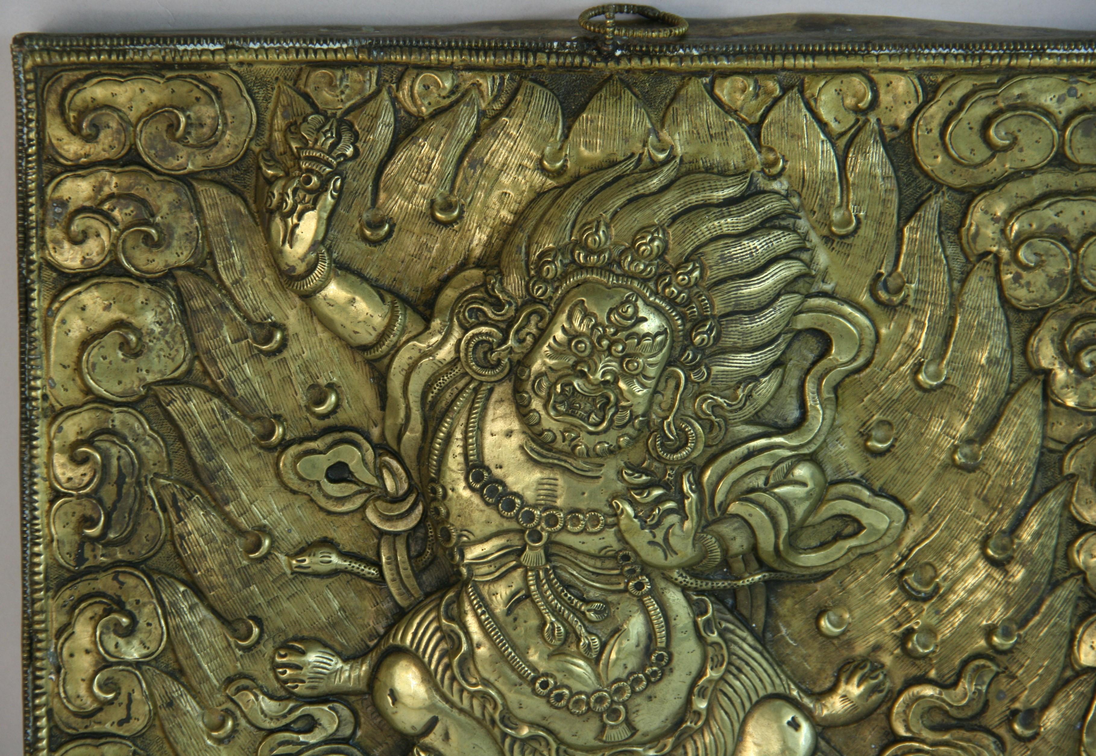 Aztec Diety Brass Repousse Wall Sculpture  Early 20th Century In Good Condition For Sale In Douglas Manor, NY