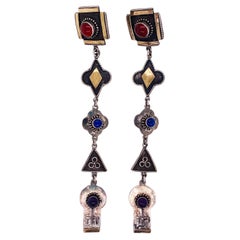 Aztec Geometric Carnelian Lapis Amethyst Cabs Gold Accents Solid Sterling Silver