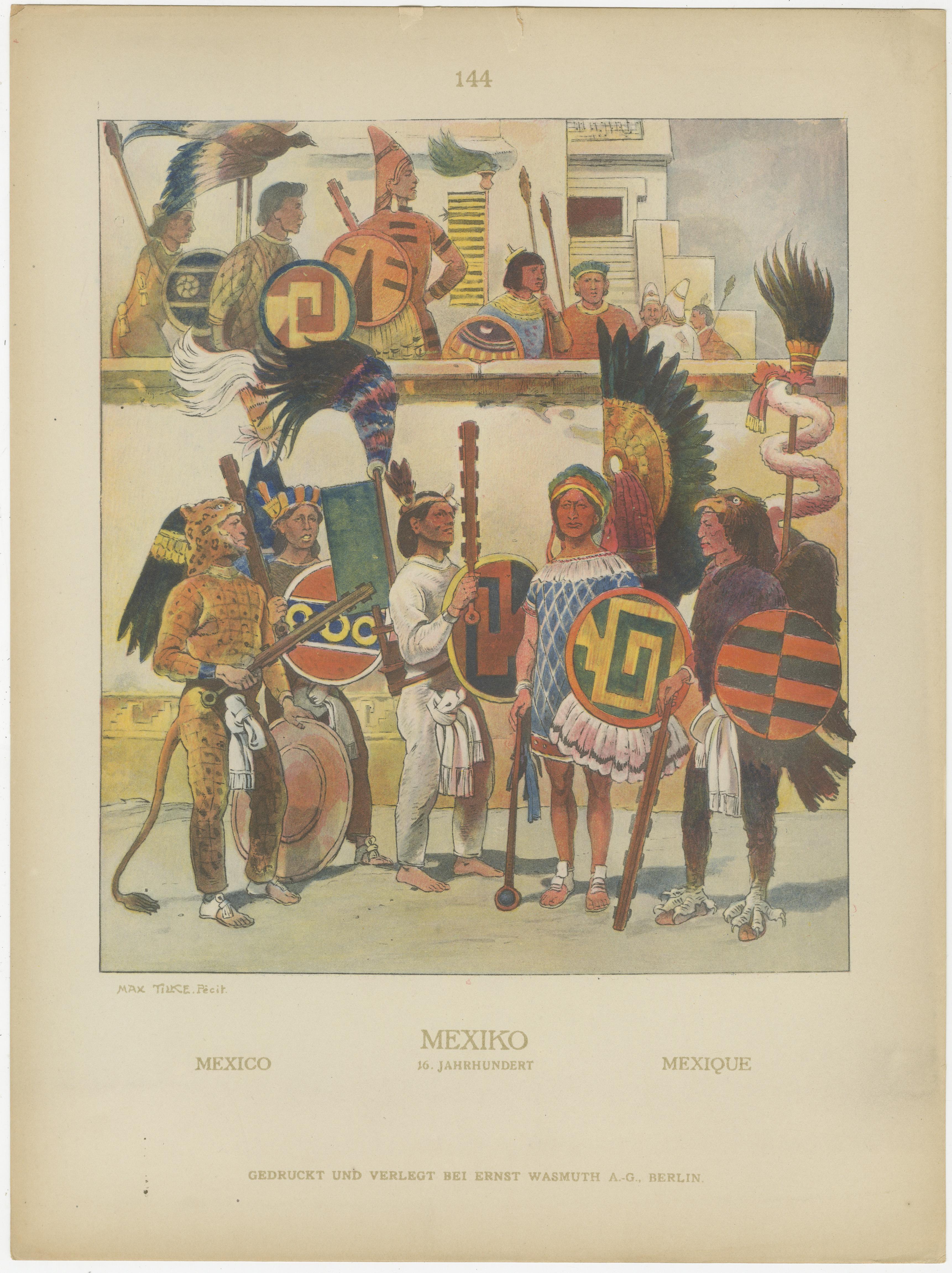 Costumes aztèques et mexicains, ensemble de 2 estampes anciennes, 1500-1525

Cette paire frappante de plaques de costumes du début du XXe siècle offre une représentation vivante et historiquement précieuse des vêtements aztèques et mexicains du XVIe