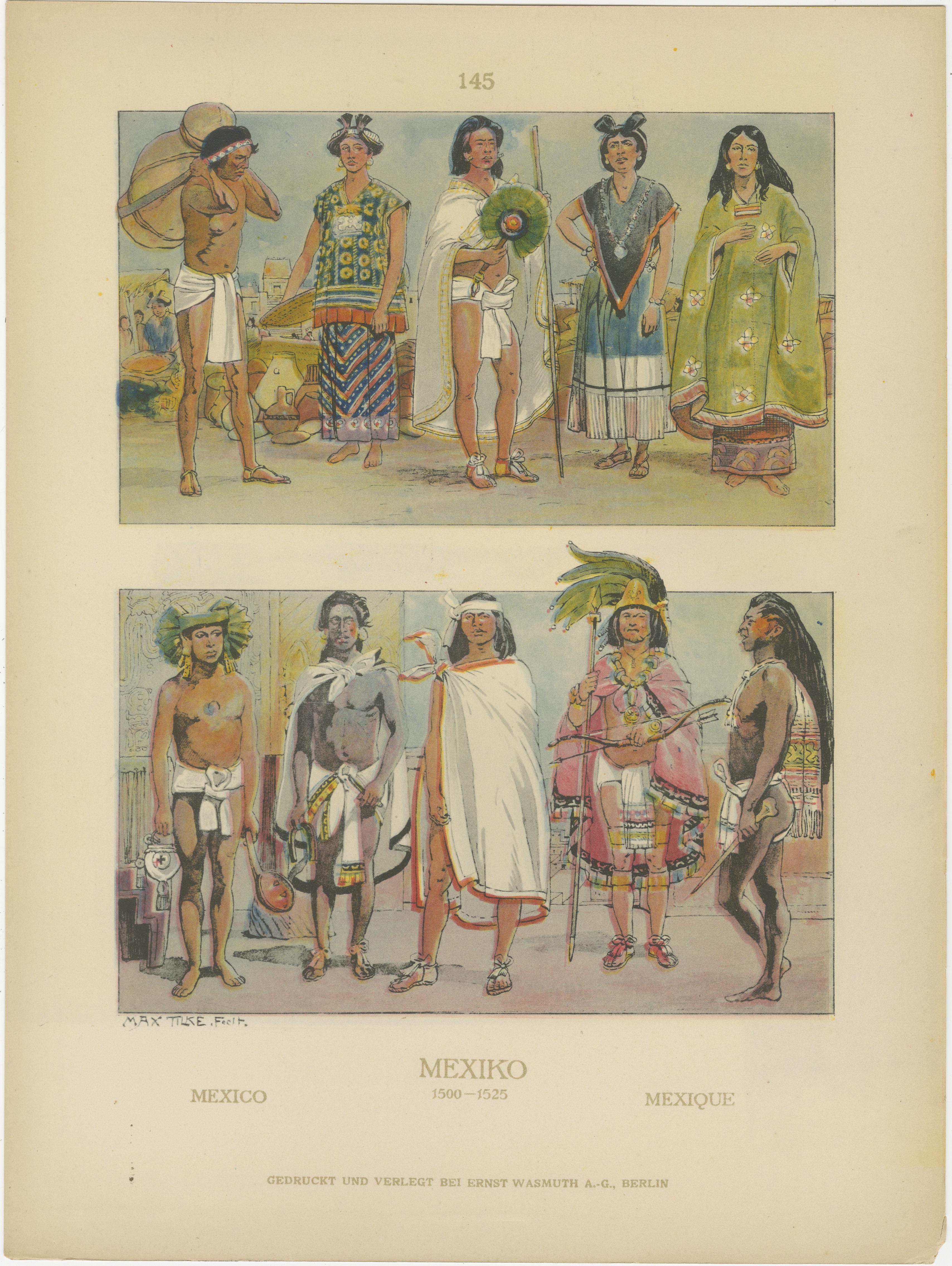 Allemand Costumes aztèques et mexicains, ensemble de 2 estampes anciennes, 1500-1525, vers 1880 en vente