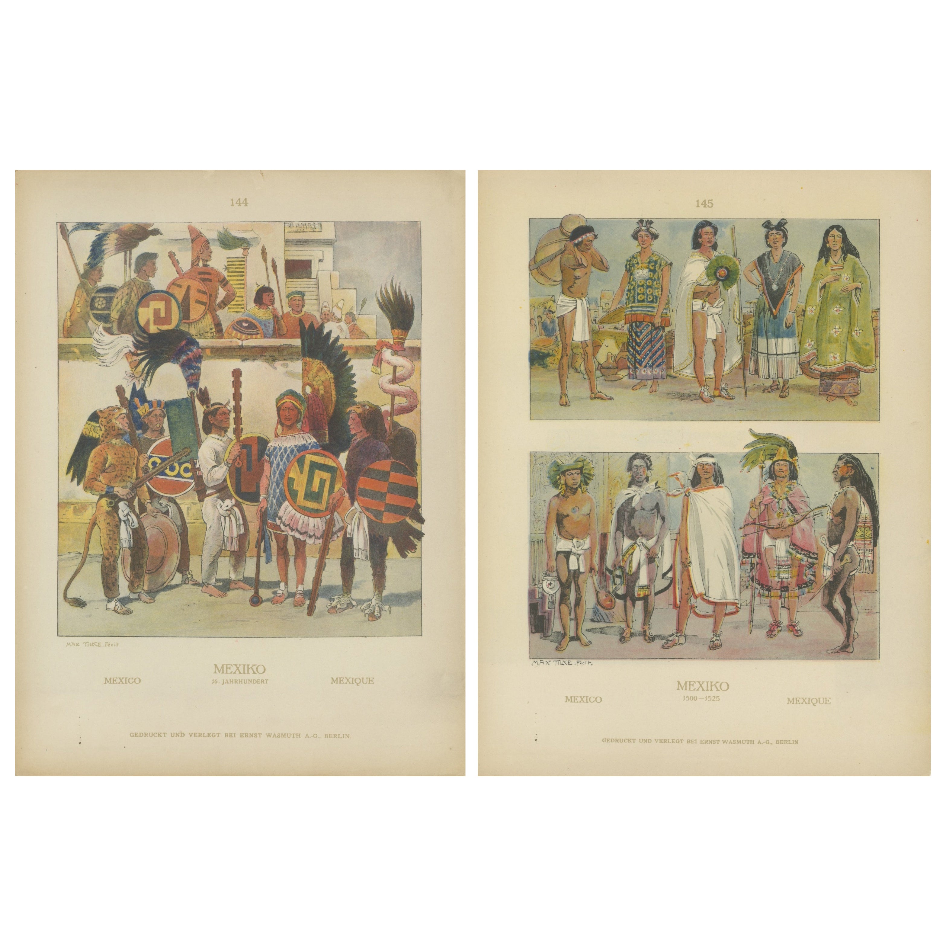 Costumes aztèques et mexicains, ensemble de 2 estampes anciennes, 1500-1525, vers 1880