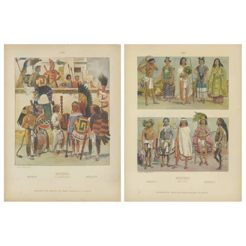 Aztec & Early Mexican Costumes, Set of 2 Antique Prints, 1500–1525, ca.1880