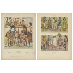 Aztec & Early Mexican Costumes, Set of 2 Antique Prints, 1500–1525, ca.1880