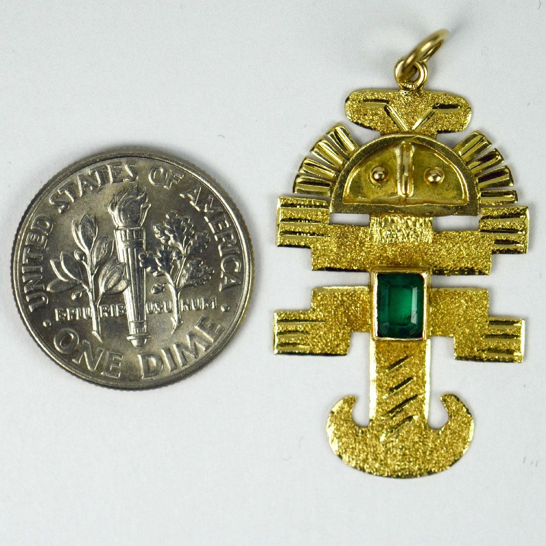 Emerald Cut Inca God Icon 18K Yellow Gold Emerald Charm Pendant For Sale