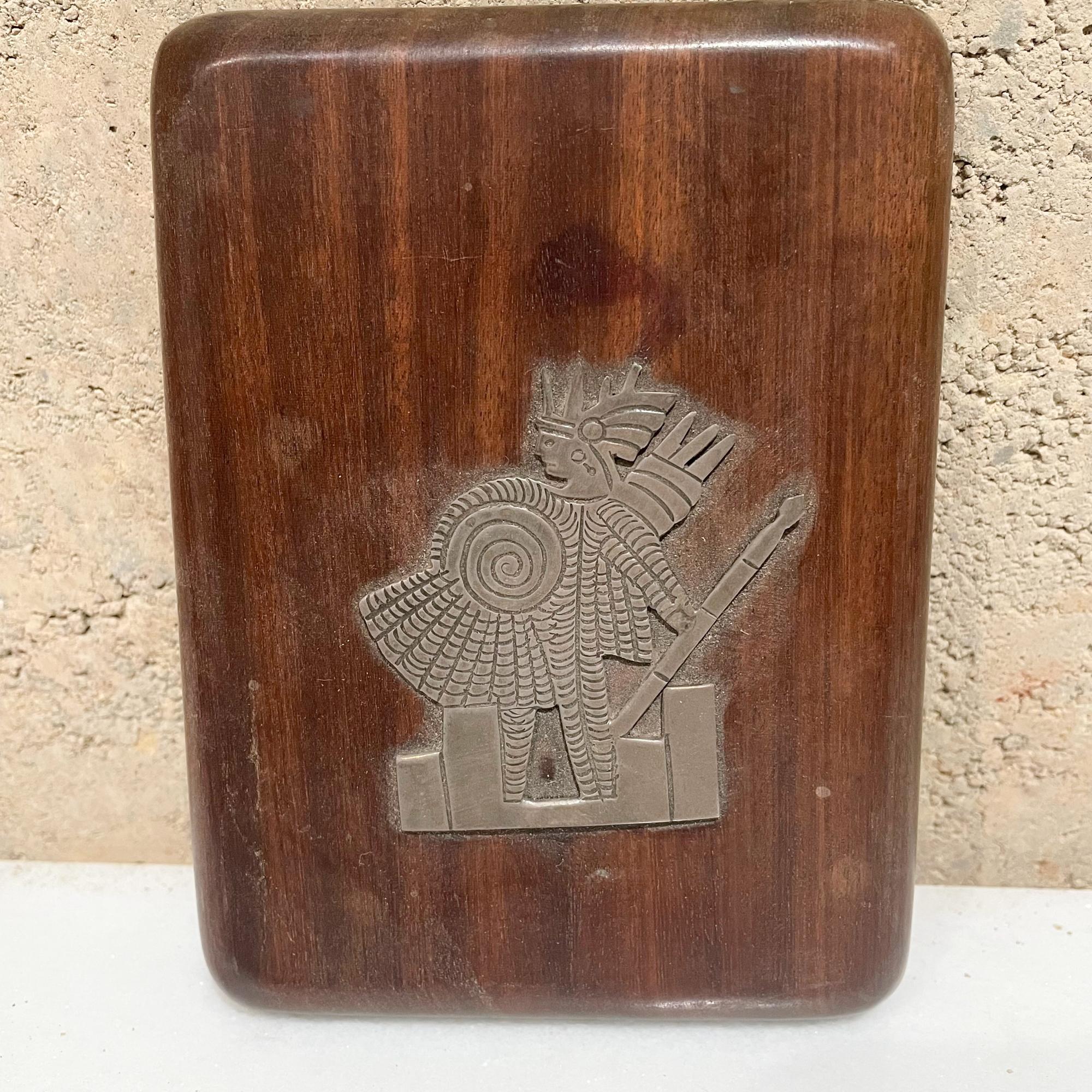 Mexican Aztec Jewelry Keepsake Box  Hand Carved Exotic Mahogany & Silver 1940s Mexico