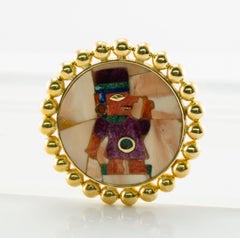 Aztec Peruvian Figure Pendant Brooch 18K Yellow Gold