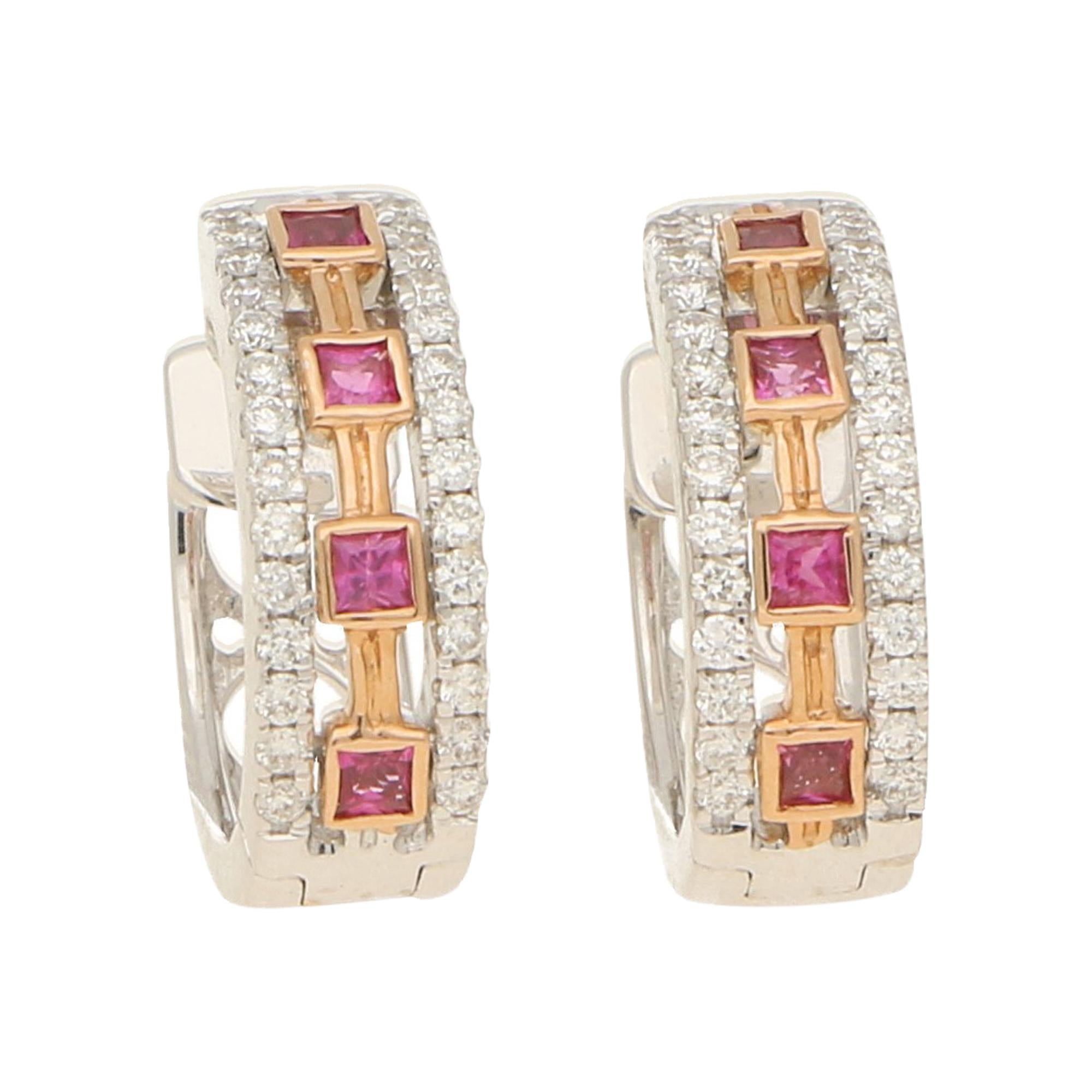 Aztec Style Pink Sapphire and Diamond Set Hoop Earrings